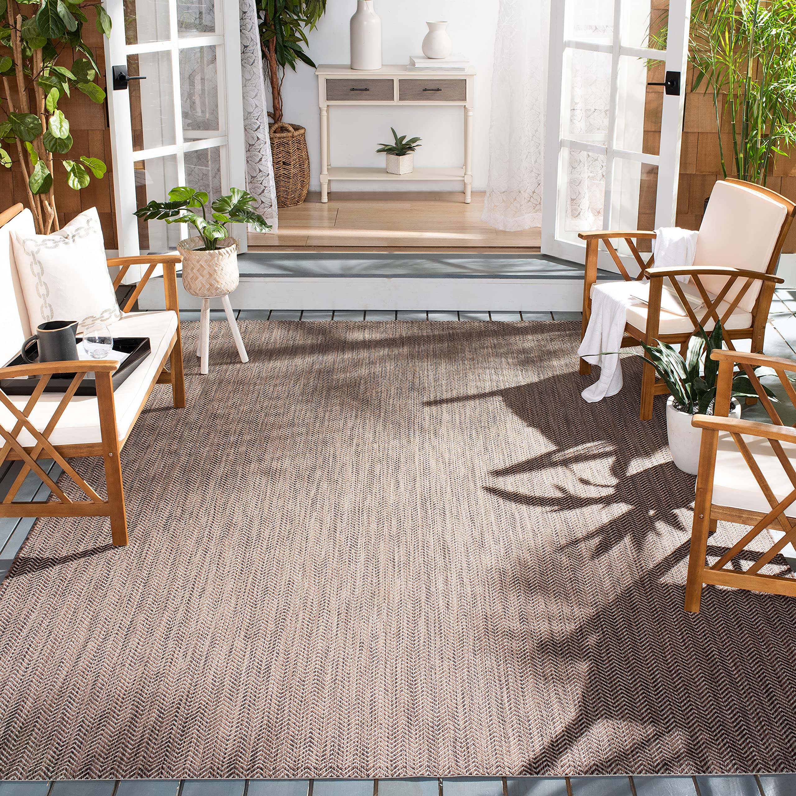 SAFAVIEH Courtyard Collection Area Rug - 8' x 11', Brown & Beige, Non-Shedding & Easy Care, Indoor/Outdoor & Washable-Ideal for 