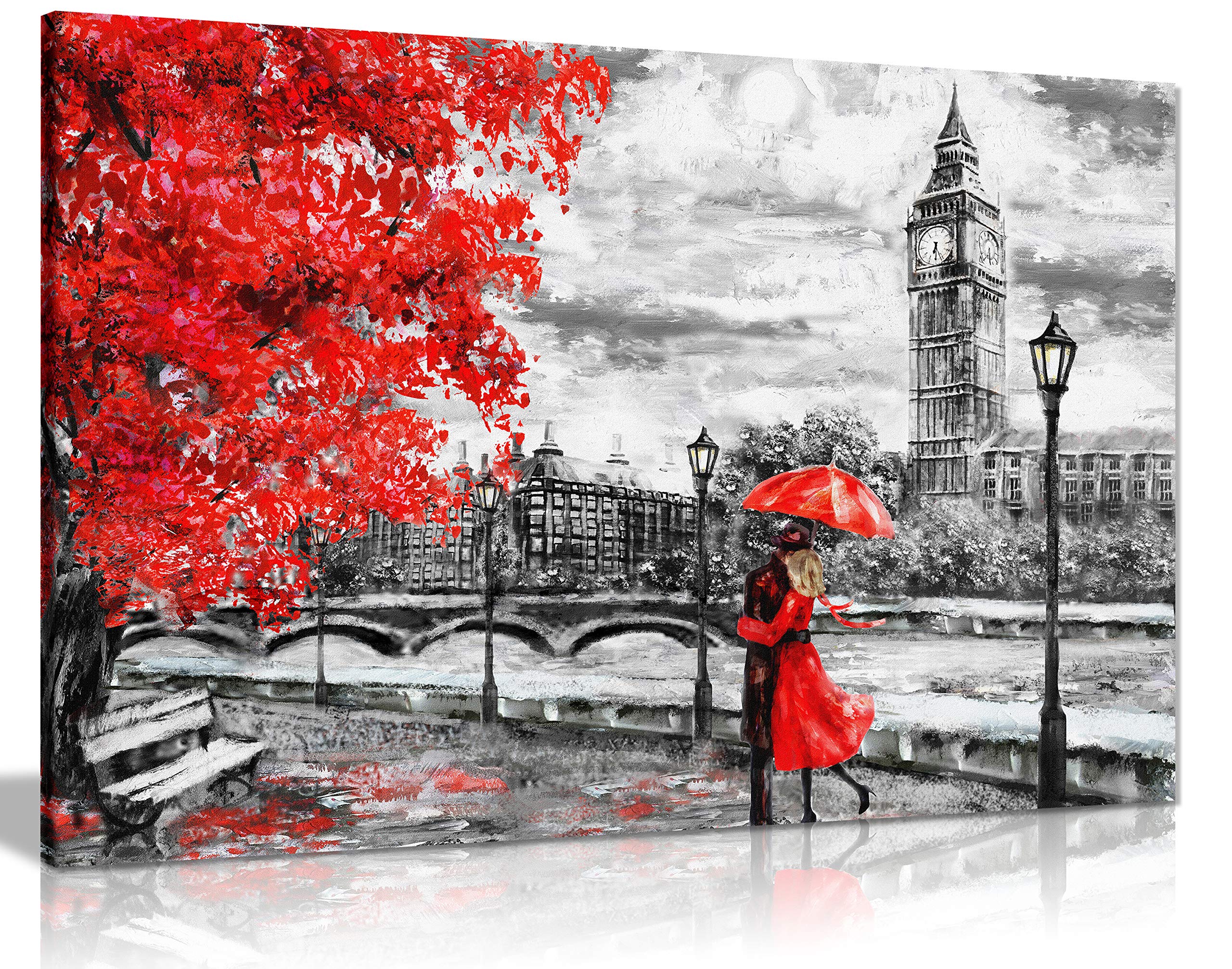 London Oil Painting Artwork Reproduction Big Ben Red Umbrealla Canvas Wall Art Picture Print (24X16), Bedroom