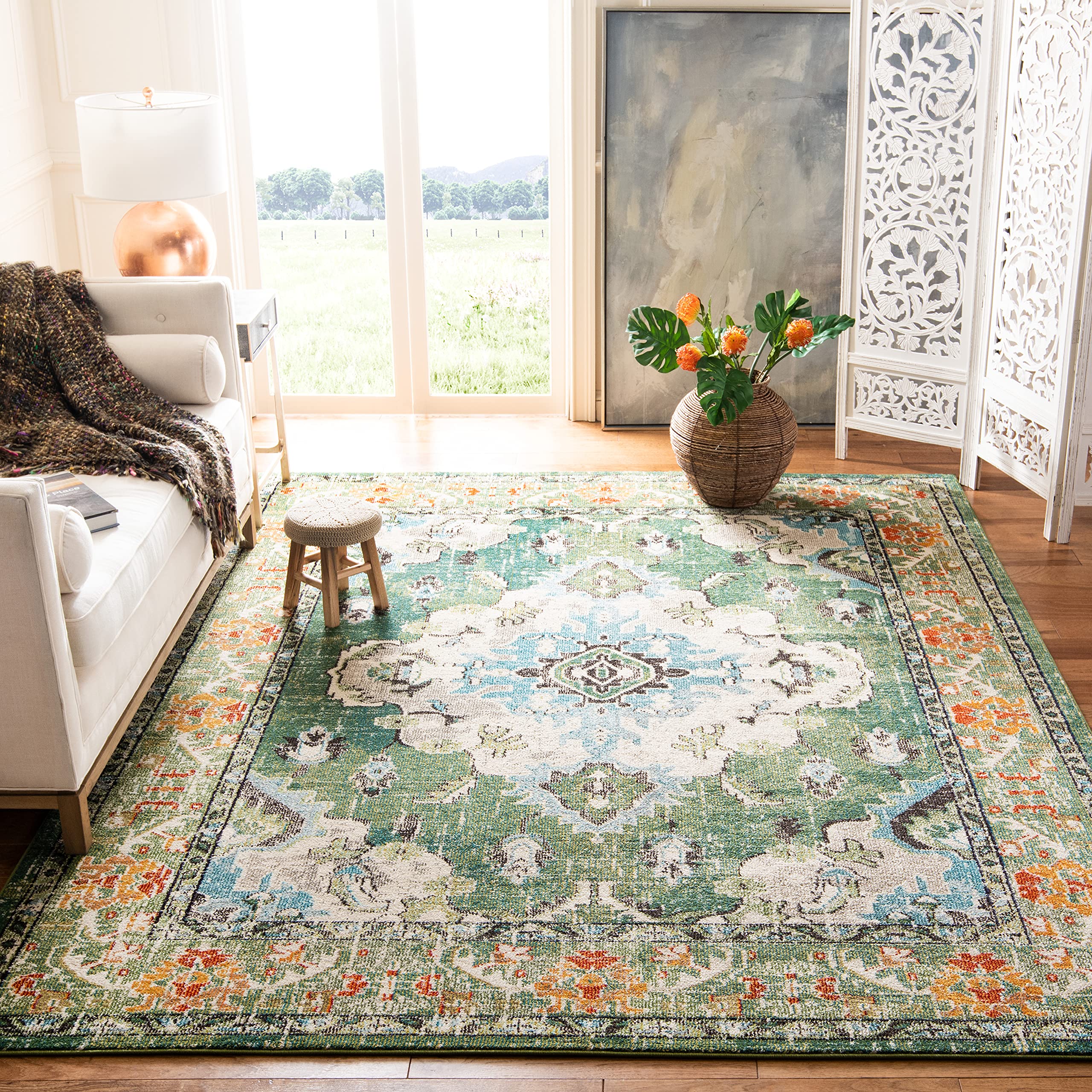 SAFAVIEH Monaco Collection Area Rug - 67 Square, Forest Green & Light Blue, Medallion Distressed Design, Non-Shedding & Easy Ca