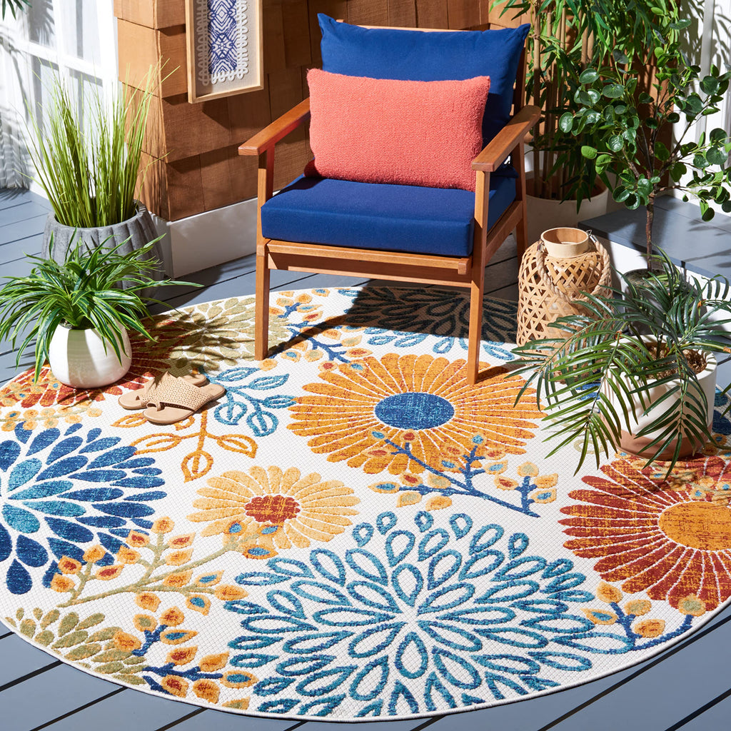 Safavieh Cabana Collection Area Rug - 6'7' Round, Creme & Red, Floral Design, Non-Shedding & Easy Care, Indoor/Outdoor & Washable-Ideal For Patio, Backyard, Mudroom (Cbn832A)