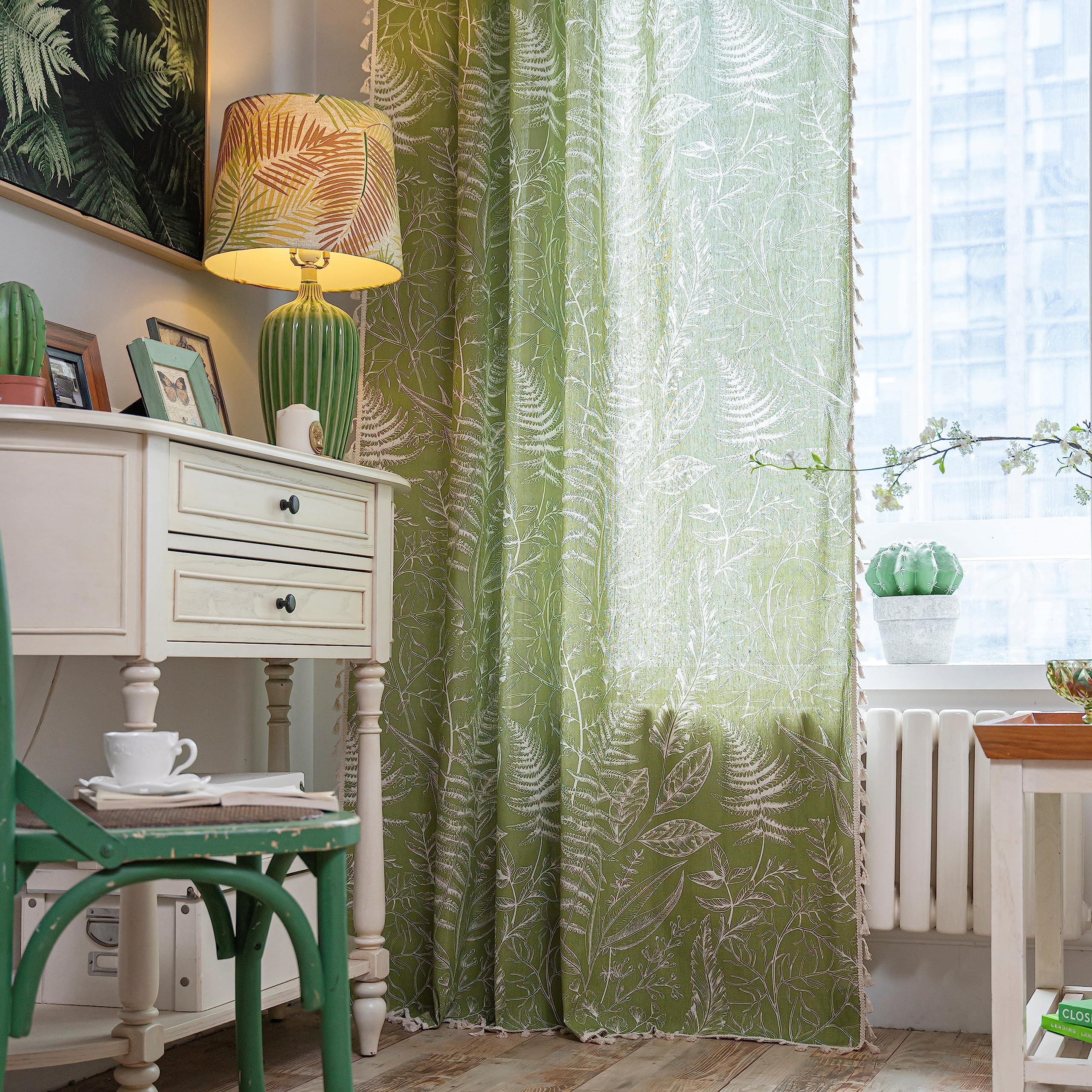 Sutuo Home Boho Curtain 84 Inches Length for Bedroom, Printed Cotton Linen Rod Pocket Rustic Farmhouse Bohemian Tassels Window T