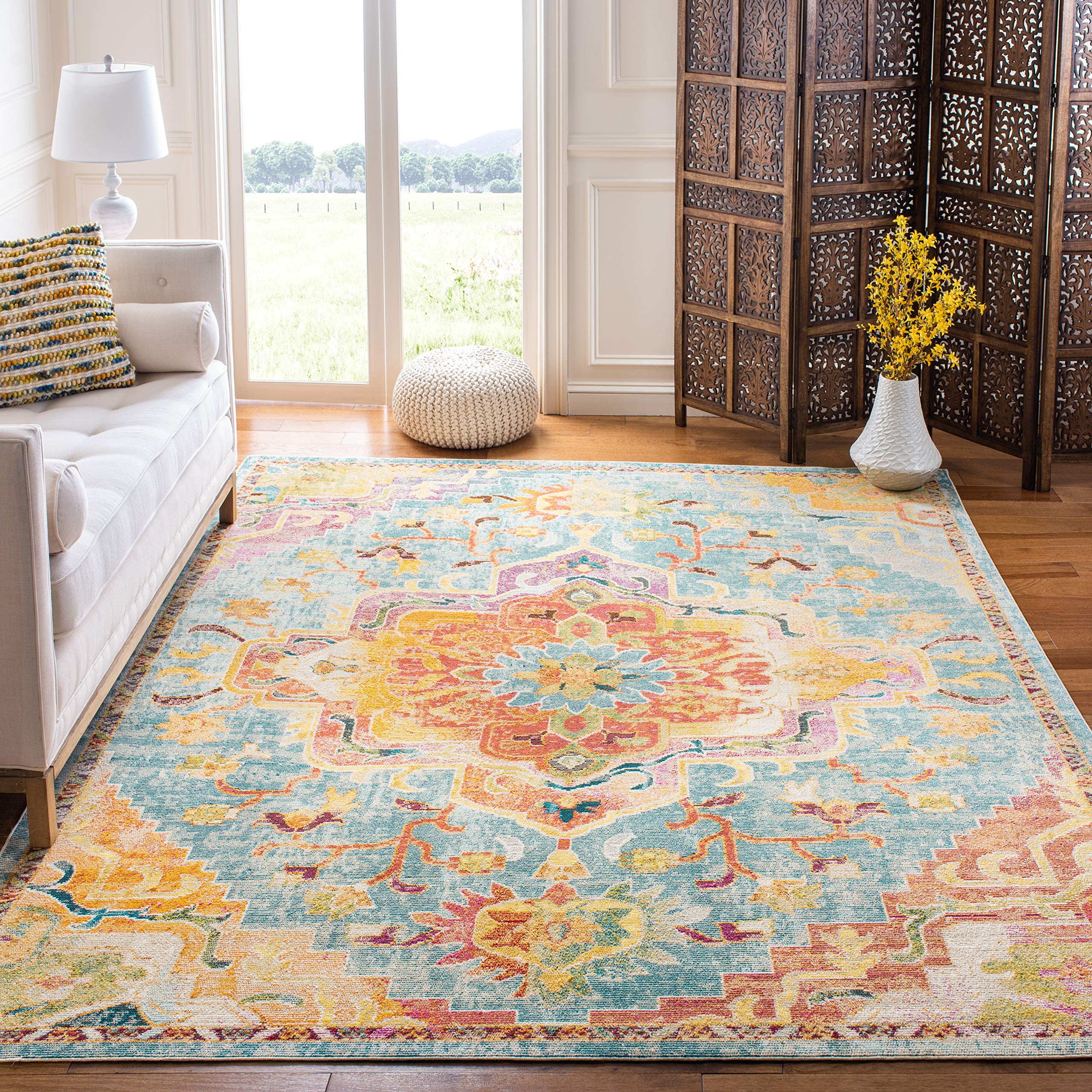 SAFAVIEH Crystal Collection Area Rug - 67 x 92, Orange & Teal, Medallion Distressed Design, Non-Shedding & Easy Care, Ideal fo