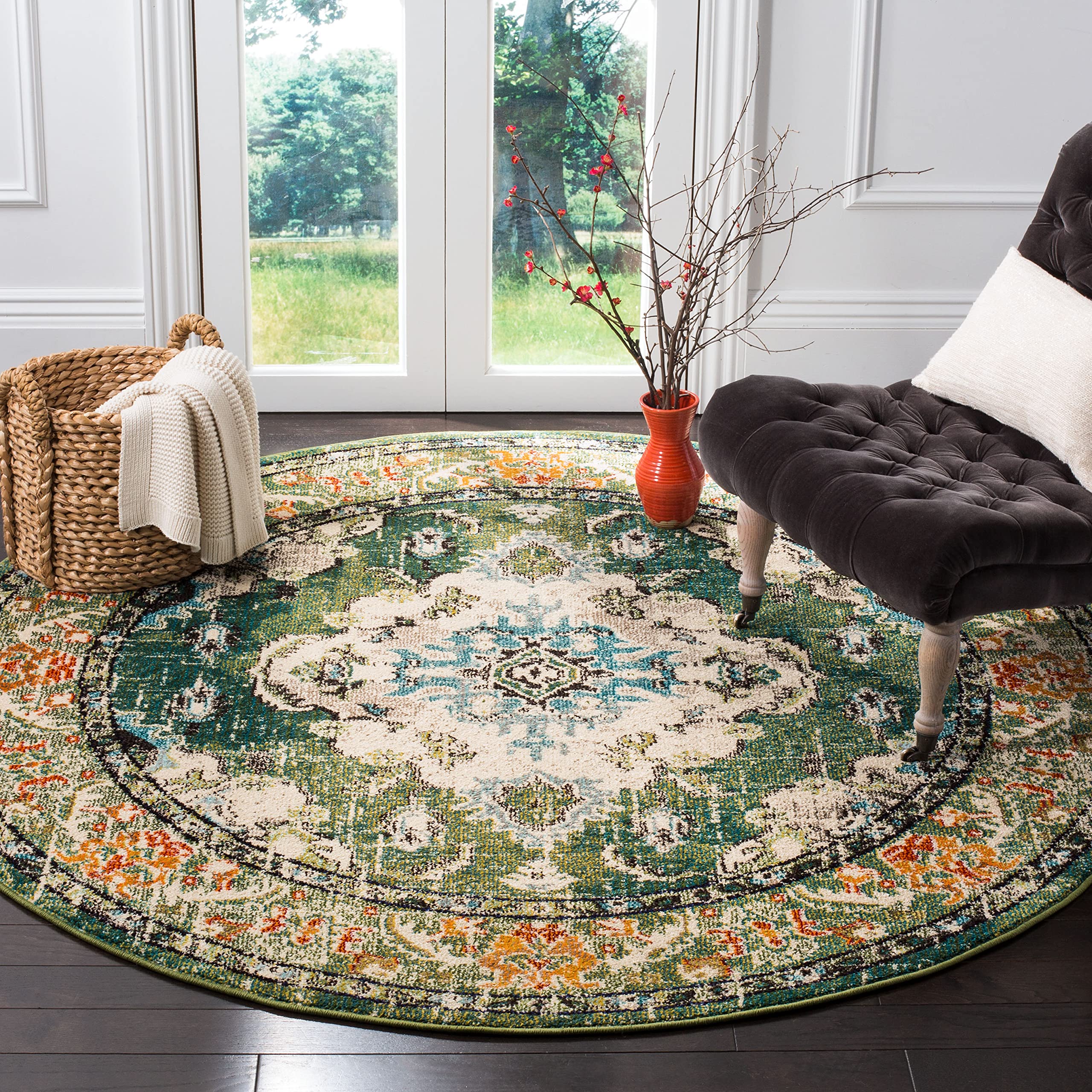 SAFAVIEH Monaco Collection Area Rug - 10 Round, Forest Green & Light Blue, Medallion Distressed Design, Non-Shedding & Easy Car