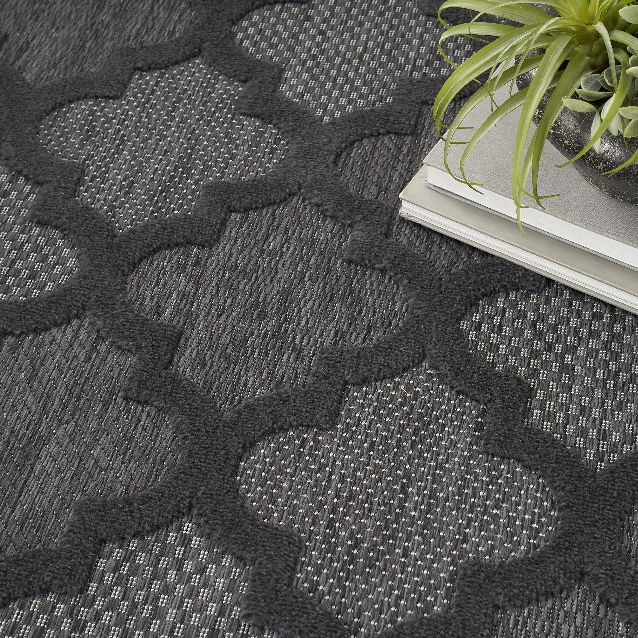 Nourison Easy Care Moroccan Charcoal/Black 6' X 9' Area Rug, Trellis, Easy Cleaning, Non Shedding, Bed Room, Living Room, Dining Room, Backyard, Deck, Patio (6X9)