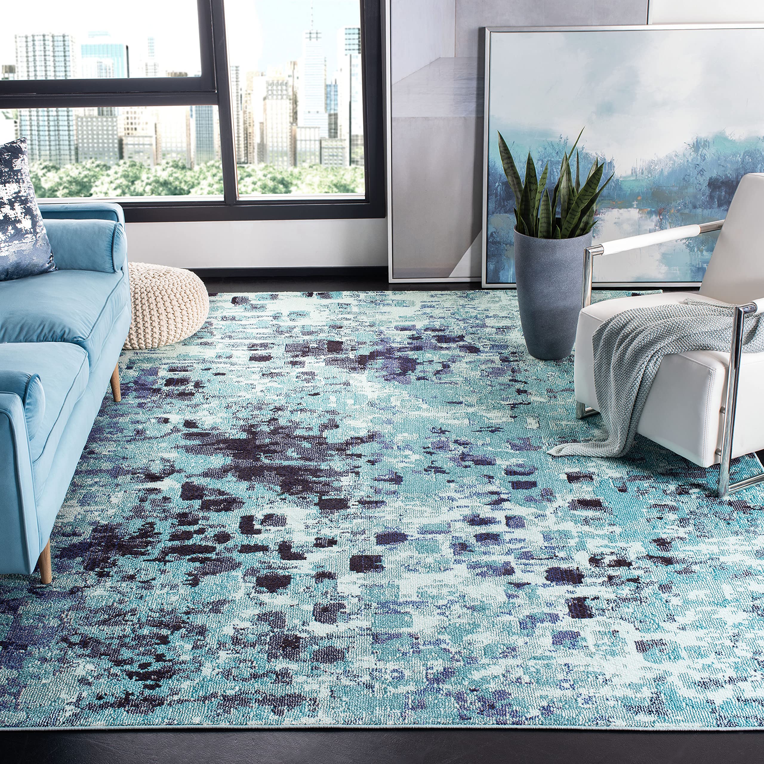 SAFAVIEH Madison Collection Area Rug - 9' x 12', Turquoise & Navy, Boho Abstract Distressed Design, Non-Shedding & Easy Care, Id