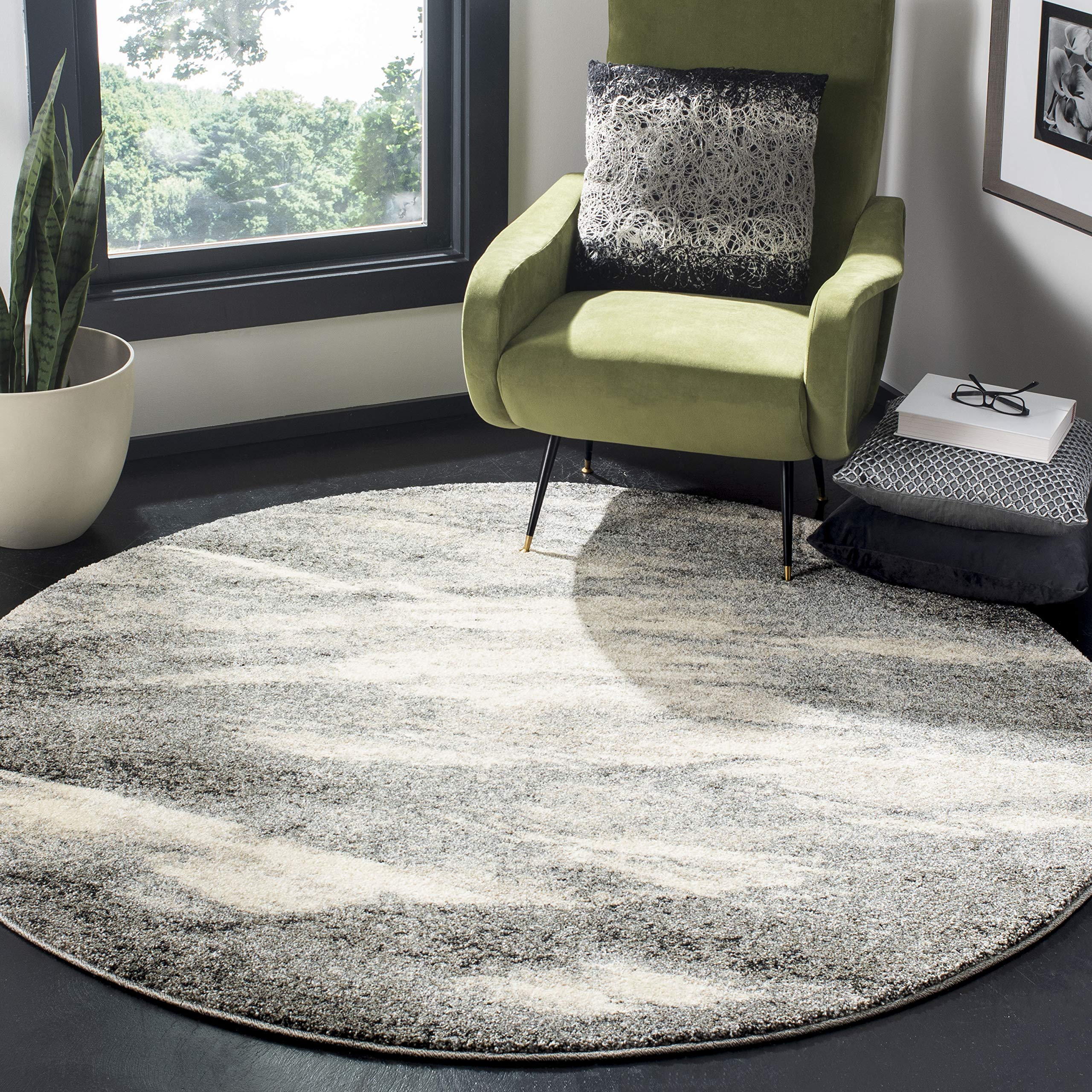 SAFAVIEH Retro Collection Area Rug - 6 Round, Grey & Ivory, Modern Abstract Design, Non-Shedding & Easy Care, Ideal for High Tr