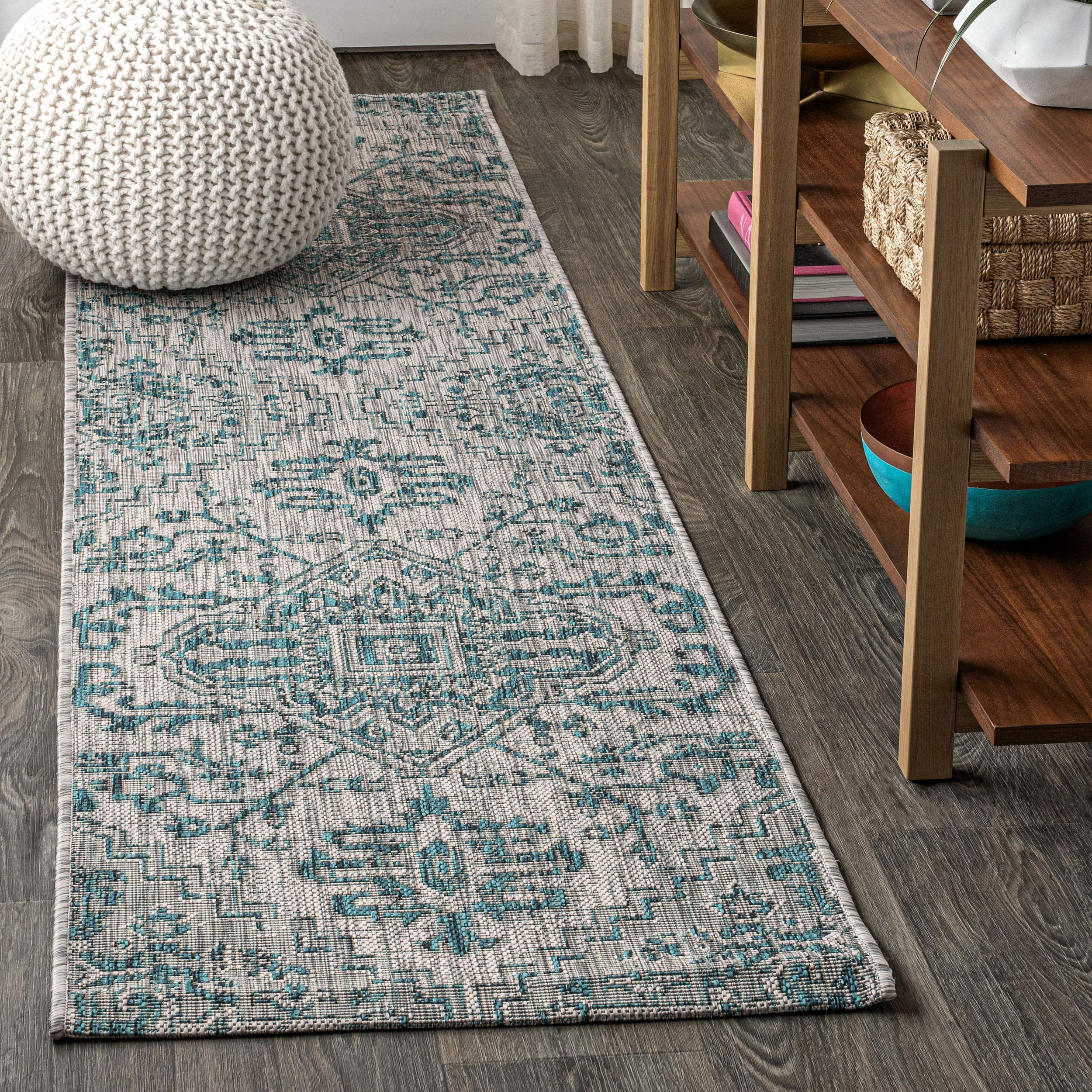 Jonathan Y Smb105C-28 Estrella Bohemian Medallion Textured Weave Teal/Gray 2 Ft. X 8 Ft. Indoor/Outdoor Runner Rug Coastal, Trad