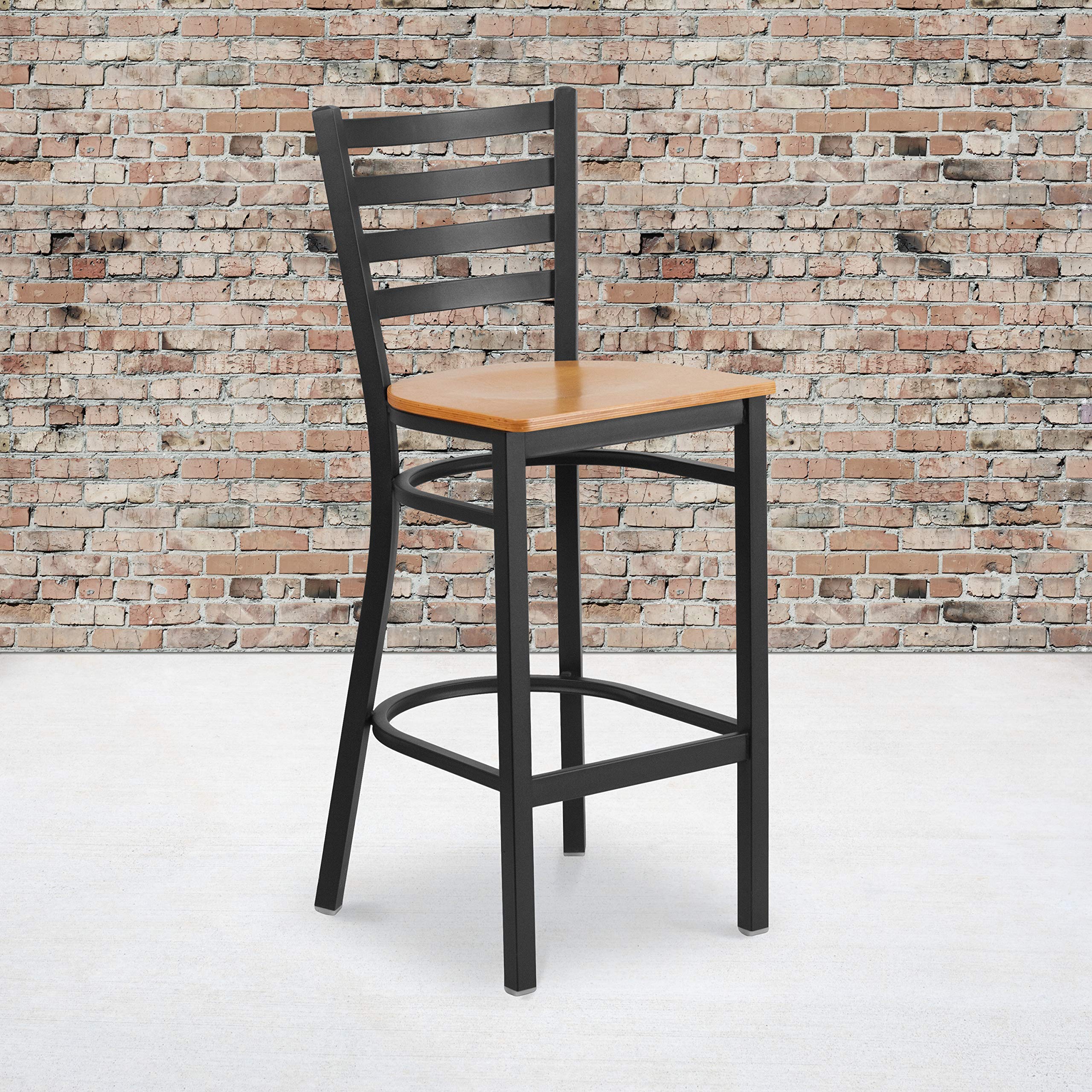 Flash Furniture HERCULES Series Black Ladder Back Metal Restaurant Barstool - Natural Wood Seat