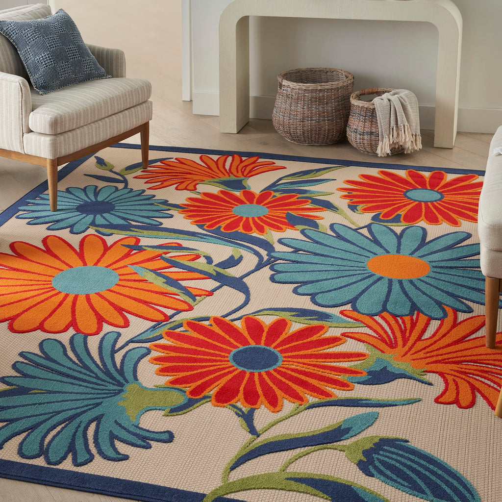 Nourison Aloha Outdoor Multicolor 10' X 14' Area Rug, Easy Cleaning, Non Shedding, Bed Room, Living Room, Dining Room, Deck, Backyard, Patio (10X14)