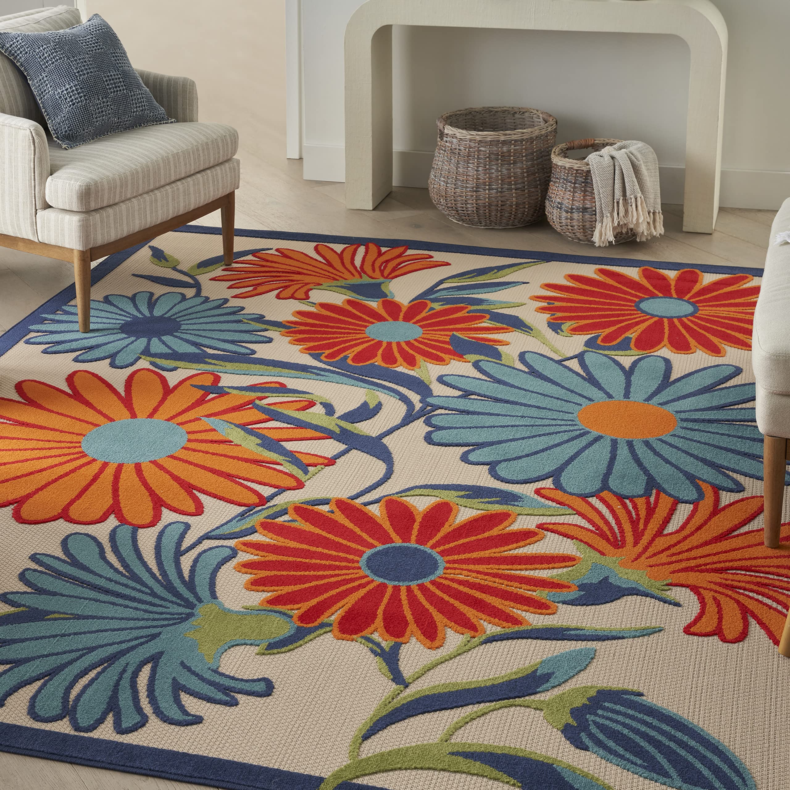 Nourison Aloha Outdoor Multicolor 10' X 14' Area Rug, Easy Cleaning, Non Shedding, Bed Room, Living Room, Dining Room, Deck, Backyard, Patio (10X14)
