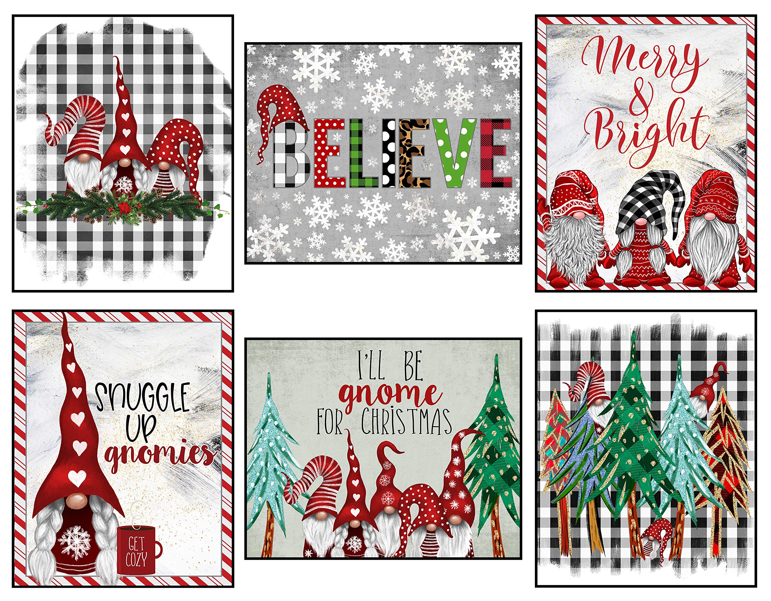 Silly Goose Gifts Gnomes Buffalo Plaid Set - Vintage Old World Themed Christmas Wall Art Prints (Set of 6)