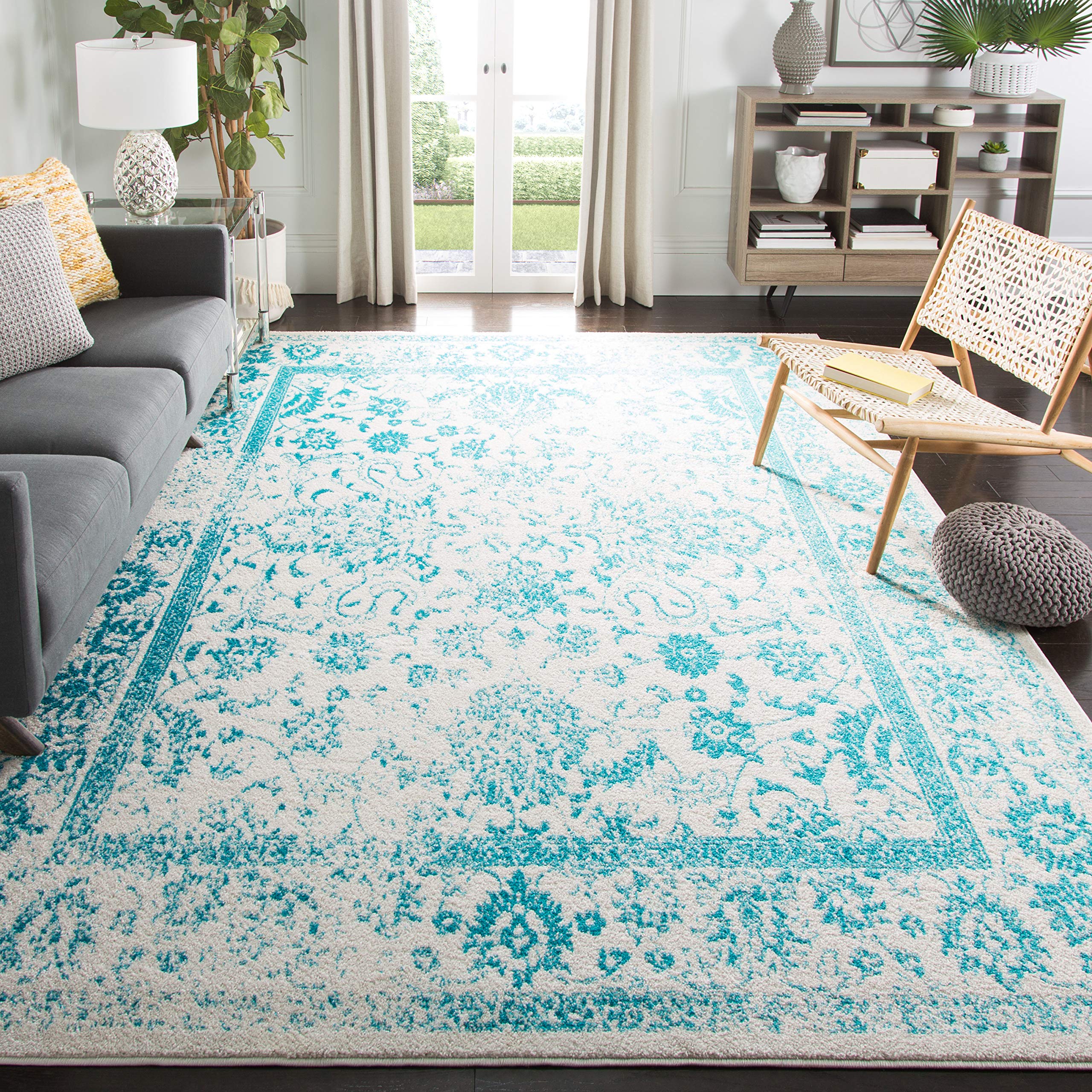 SAFAVIEH Adirondack Collection Area Rug - 6 Square, Ivory & Teal, Oriental Distressed Design, Non-Shedding & Easy Care, Ideal f