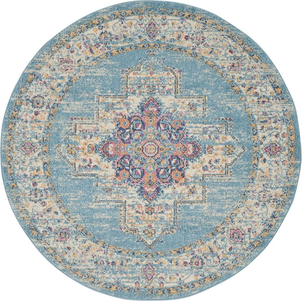 Nourison Passion Light Blue 4' X Round Area Rug, Boho, Traditional, Easy Cleaning, Non Shedding, Bed Room, Living Room, Hallway, (4' Round)