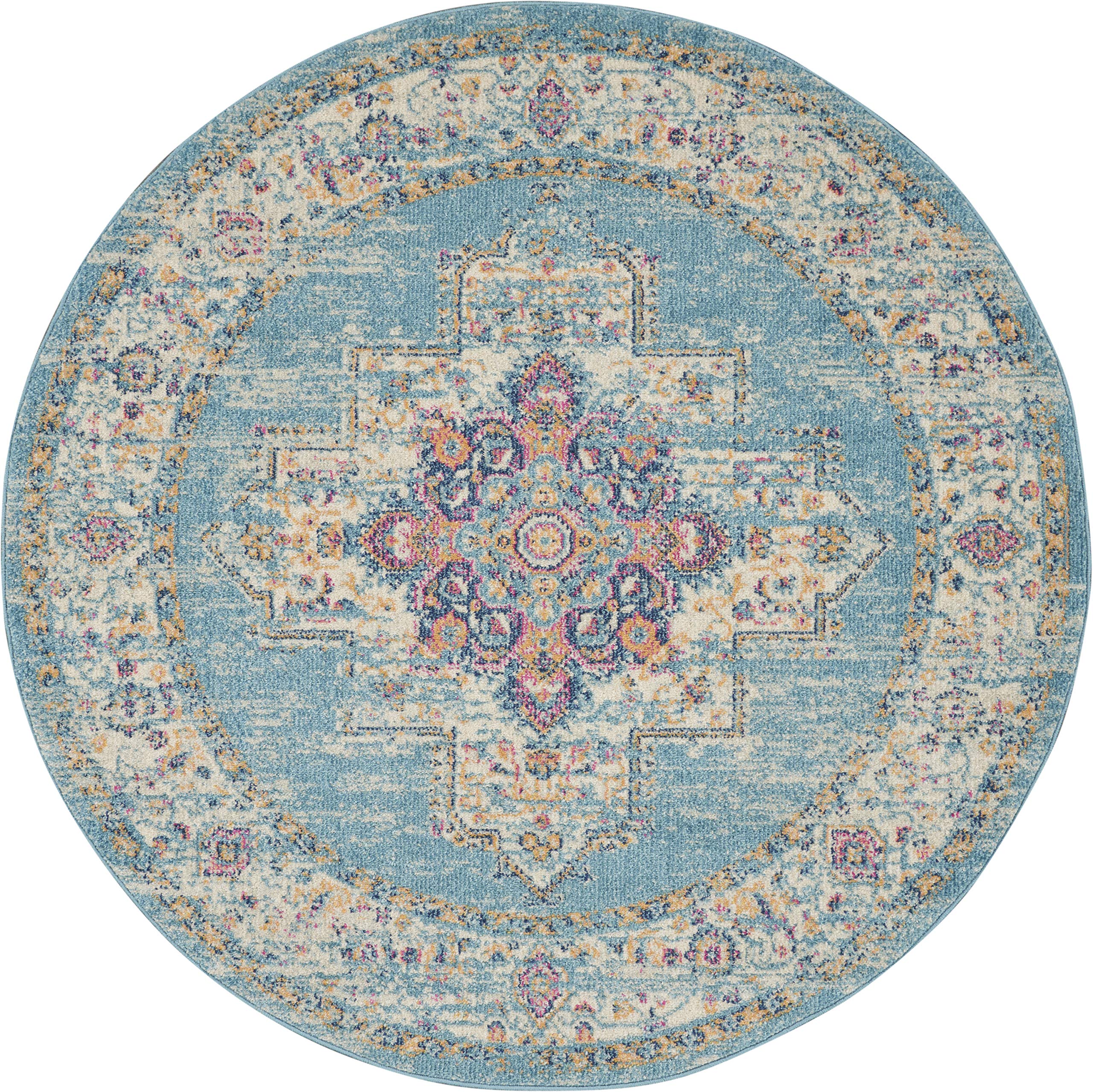 Nourison Passion Light Blue 4' X Round Area Rug, Boho, Traditional, Easy Cleaning, Non Shedding, Bed Room, Living Room, Hallway, (4' Round)