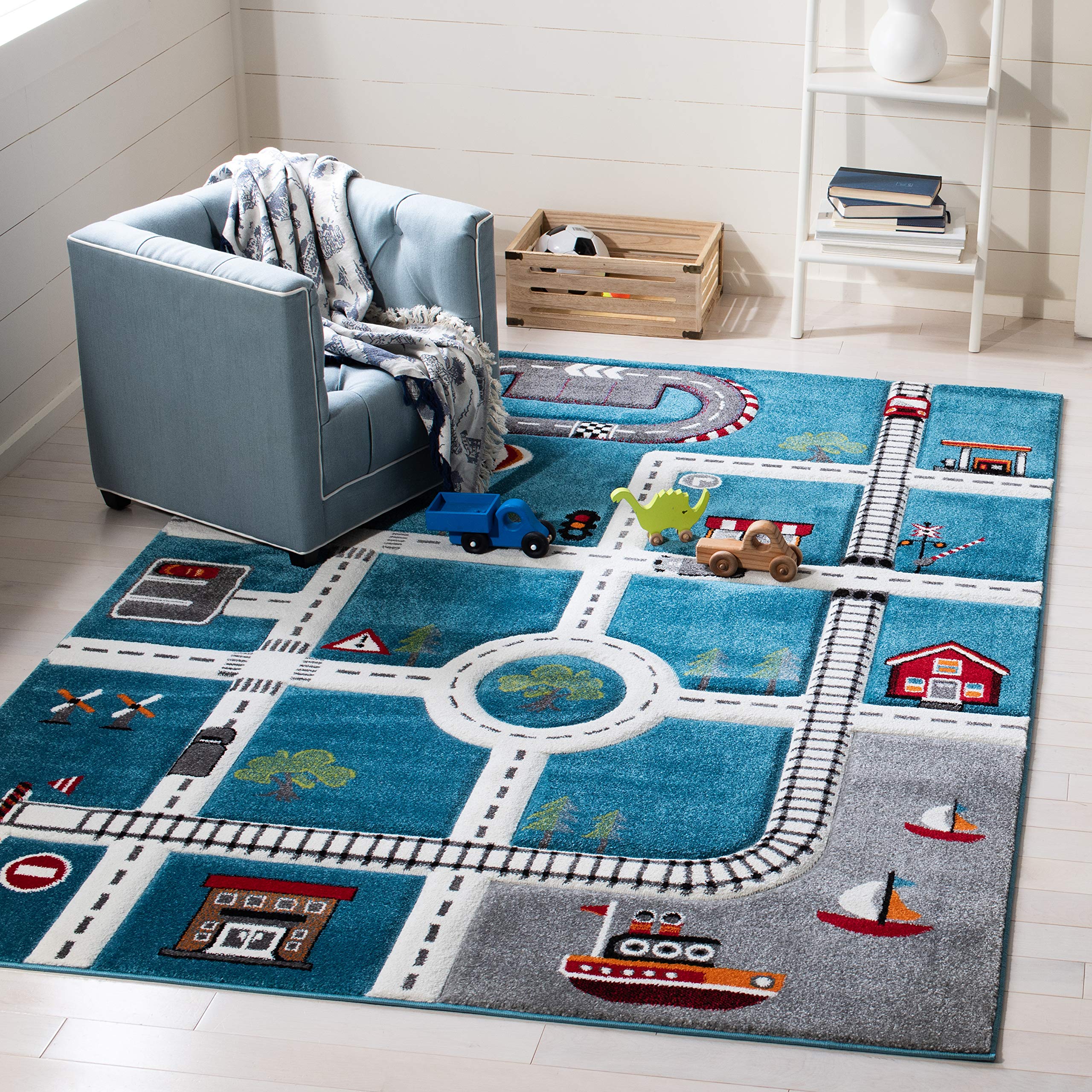 SAFAVIEH Carousel Kids Collection CRK192K Neighborhood Non-Shedding Playroom Nursery Bedroom Accent Area Rug 4 x 6 Turquoise/I
