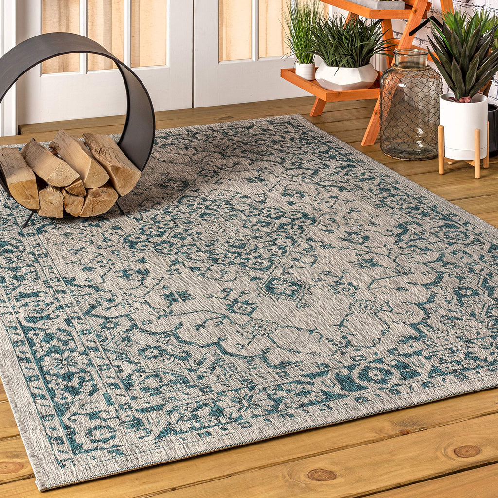 Jonathan Y Smb102C-8 Rozetta Boho Medallion Textured Weave Indoor Outdoor -Area Rug Coastal Bohemian Rustic Glam Easy-Cleaning Bedroom Kitchen Backyard Patio Non Shedding, 8 X 10, Gray/Teal
