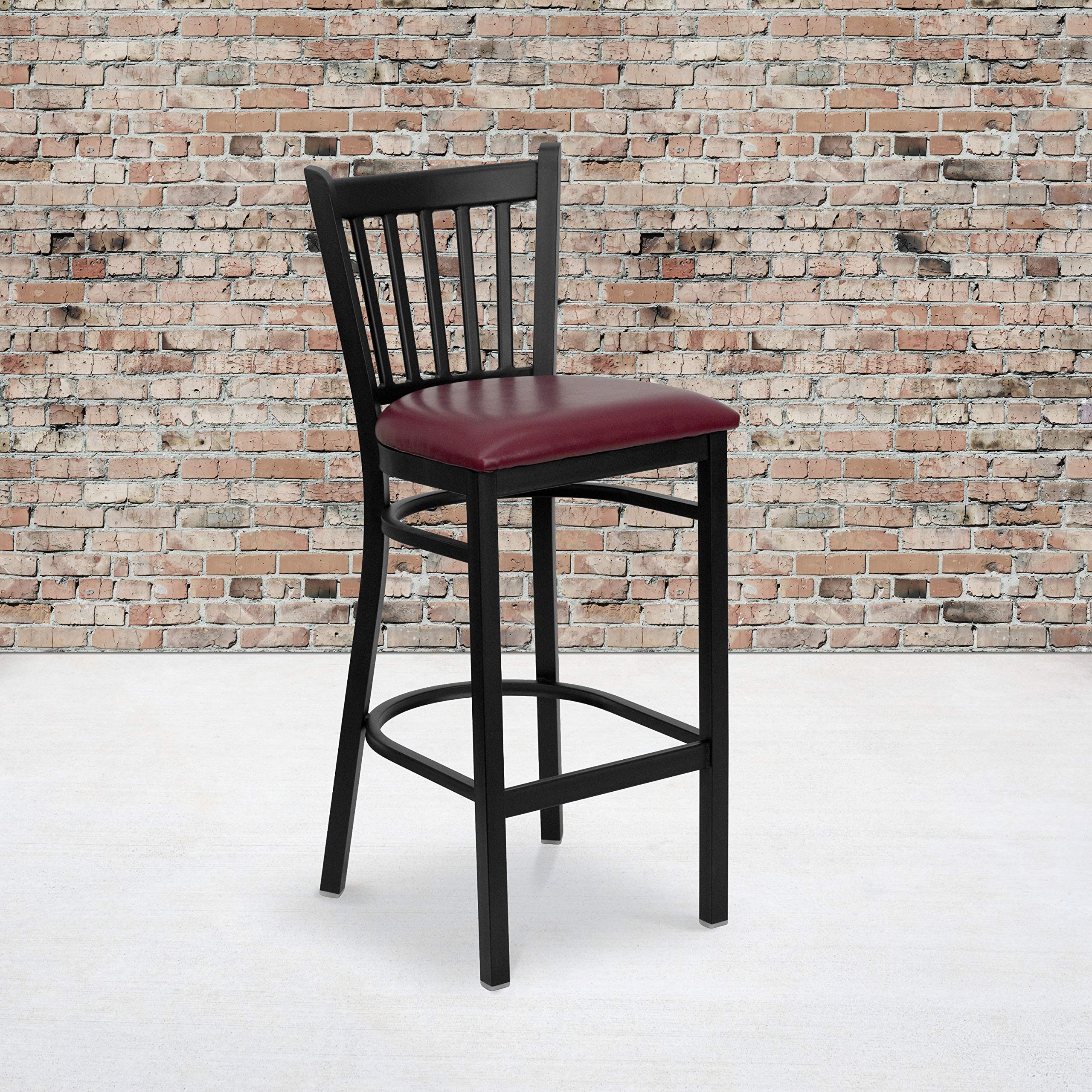 2 Pk. Black Vertical Back Metal Restaurant Barstool - Burgundy Vinyl Seat