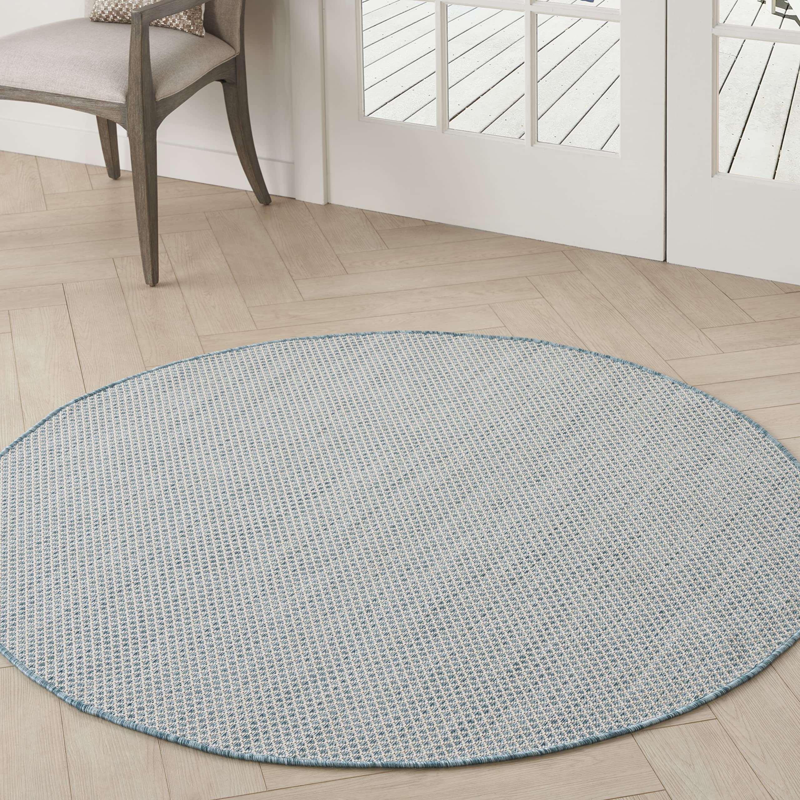 Nourison Home Courtyard Ivory Aqua 5' x Round Area Rug - Easy Clean, Non Shedding, Bed Room, Living Room, Dining Room, Kitchen (