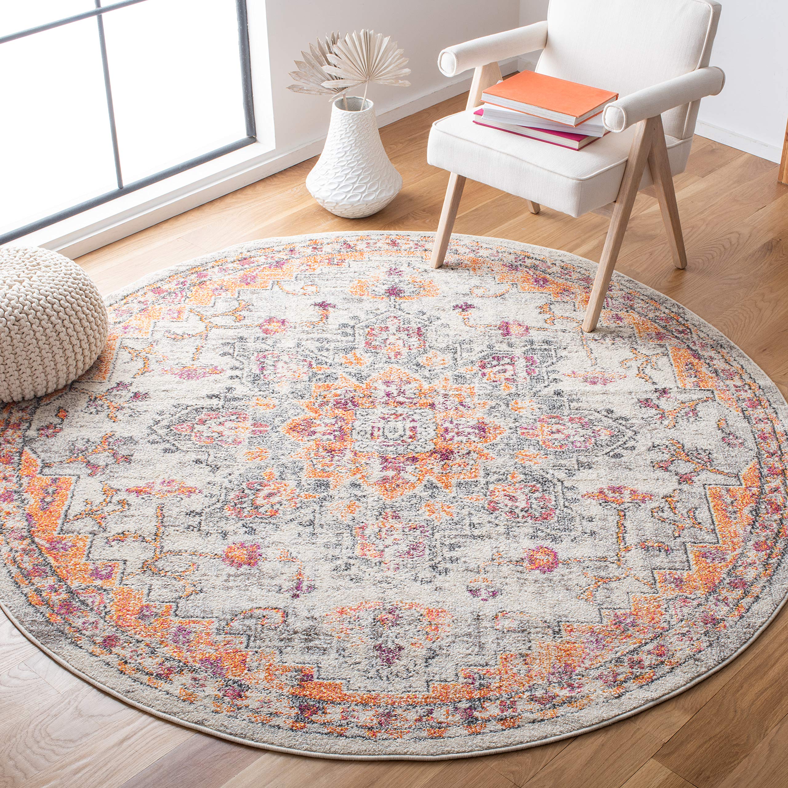 SAFAVIEH Madison Collection Area Rug - 67 Round, Beige & Orange, Boho Chic Medallion Distressed Design, Non-Shedding & Easy Car