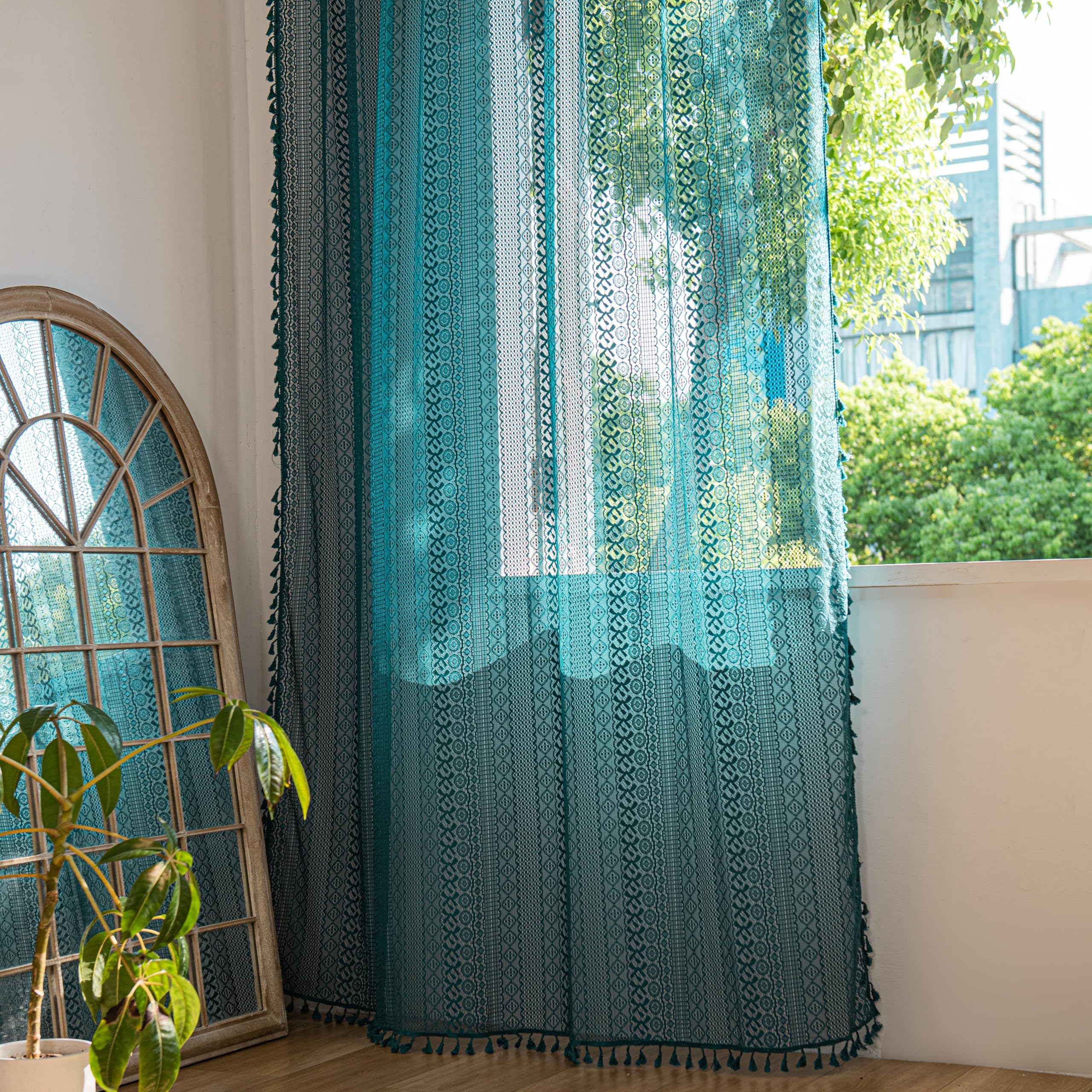 Sutuo Home Boho Curtains Crochet Lace Sheer Bohemian Hollow Knitted With Tassels, Window Treatment Privacy Vintage Rustic Farmho