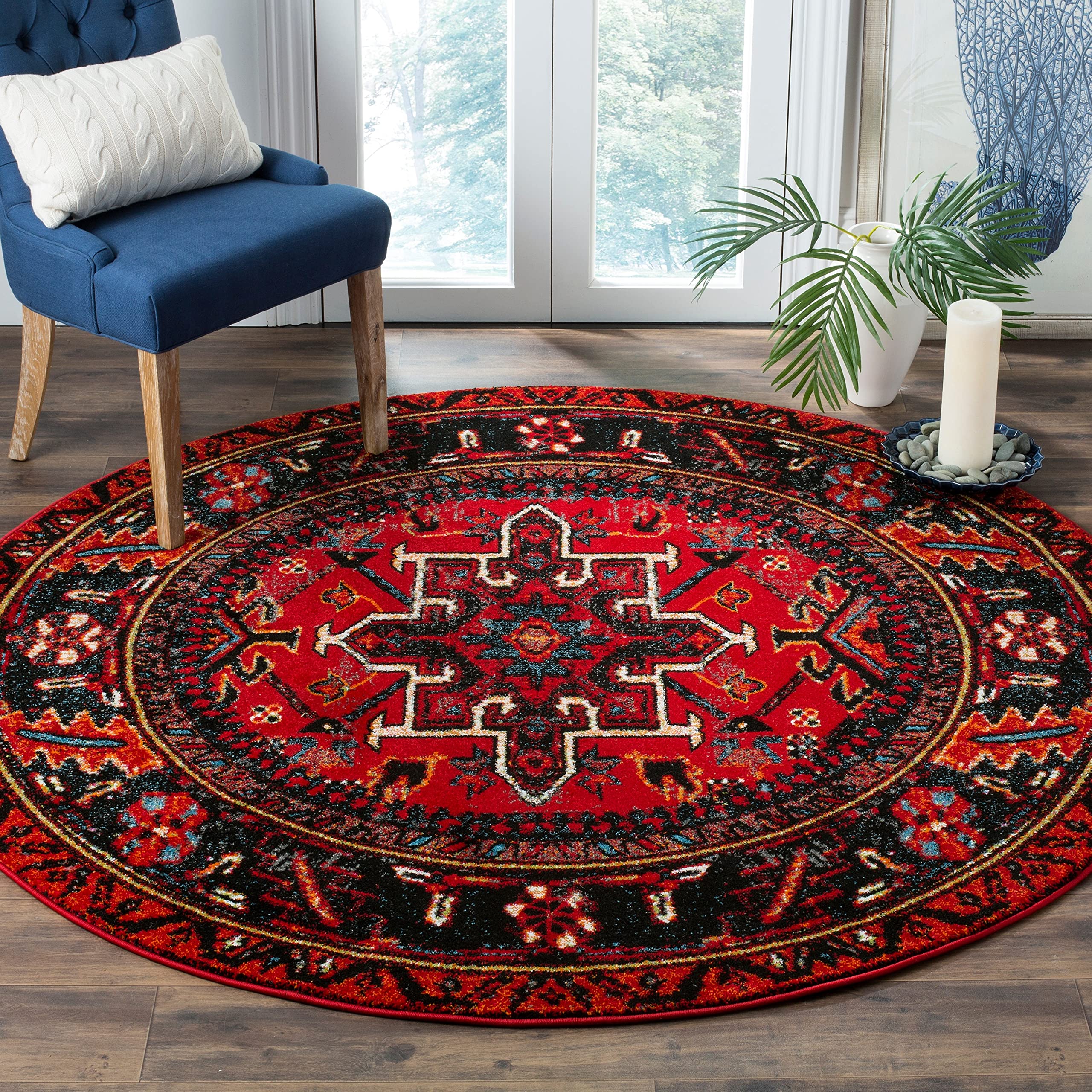 SAFAVIEH Vintage Hamadan Collection Area Rug - 9 Round, Red & Multi, Oriental Traditional Persian Design, Non-Shedding & Easy C