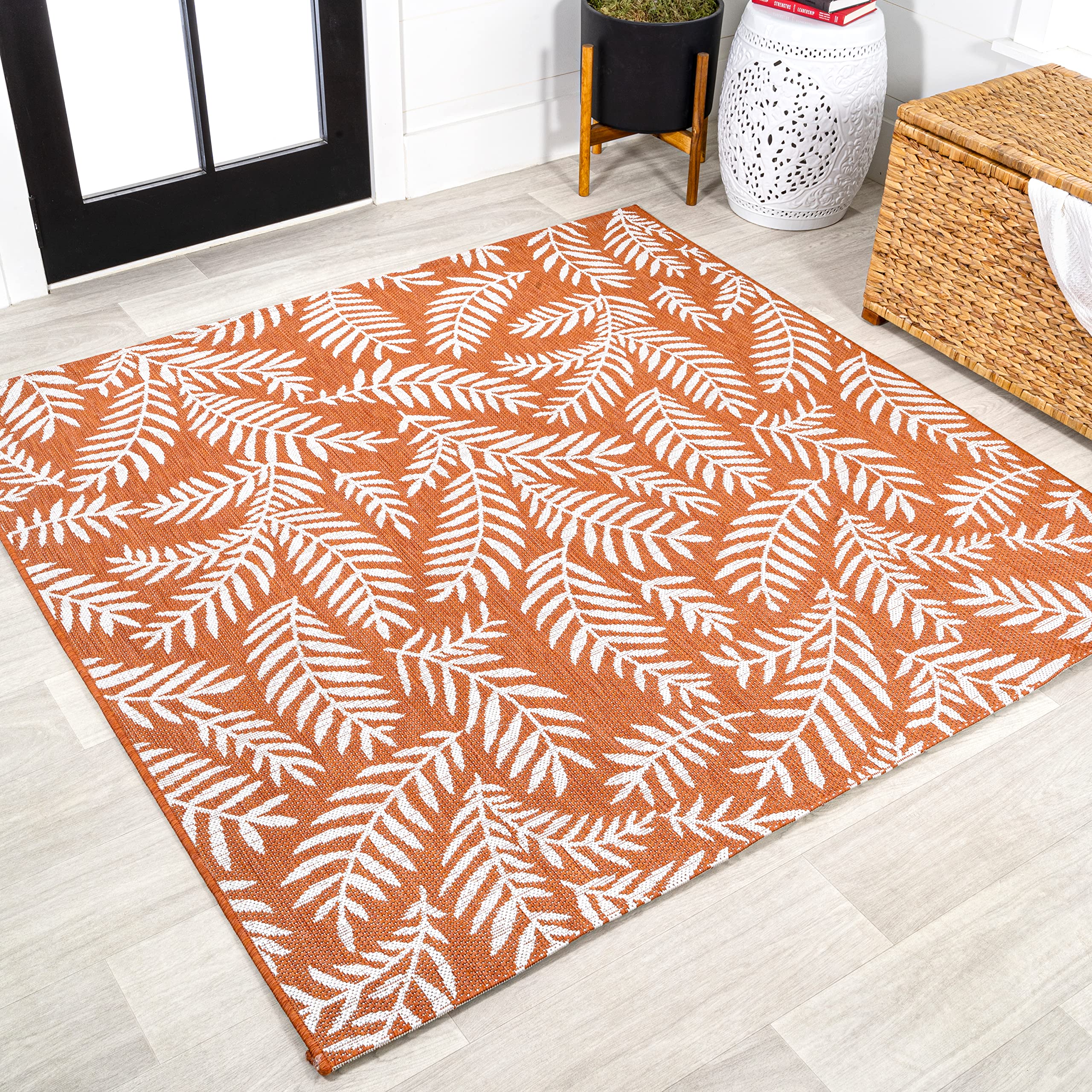 Jonathan Y Smb119E-5Sq Nevis Palm Frond Indoor Outdoor Area Rug, Coastal Casual Country & Floral Easy Cleaning,Bedroom,Kitchen,Backyard,Patio,Non Shedding, Orange/Cream, 5' Square