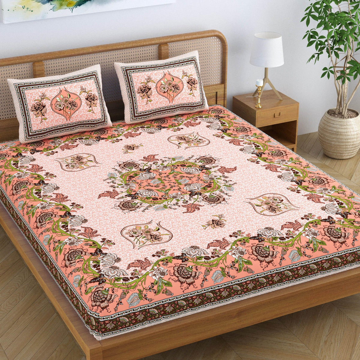 SheetKart Pure Cotton Jaipuri Floral Traditional Rajasthani Printed King Size Double Bedsheet with 2 Pillow Covers  Peach Pink