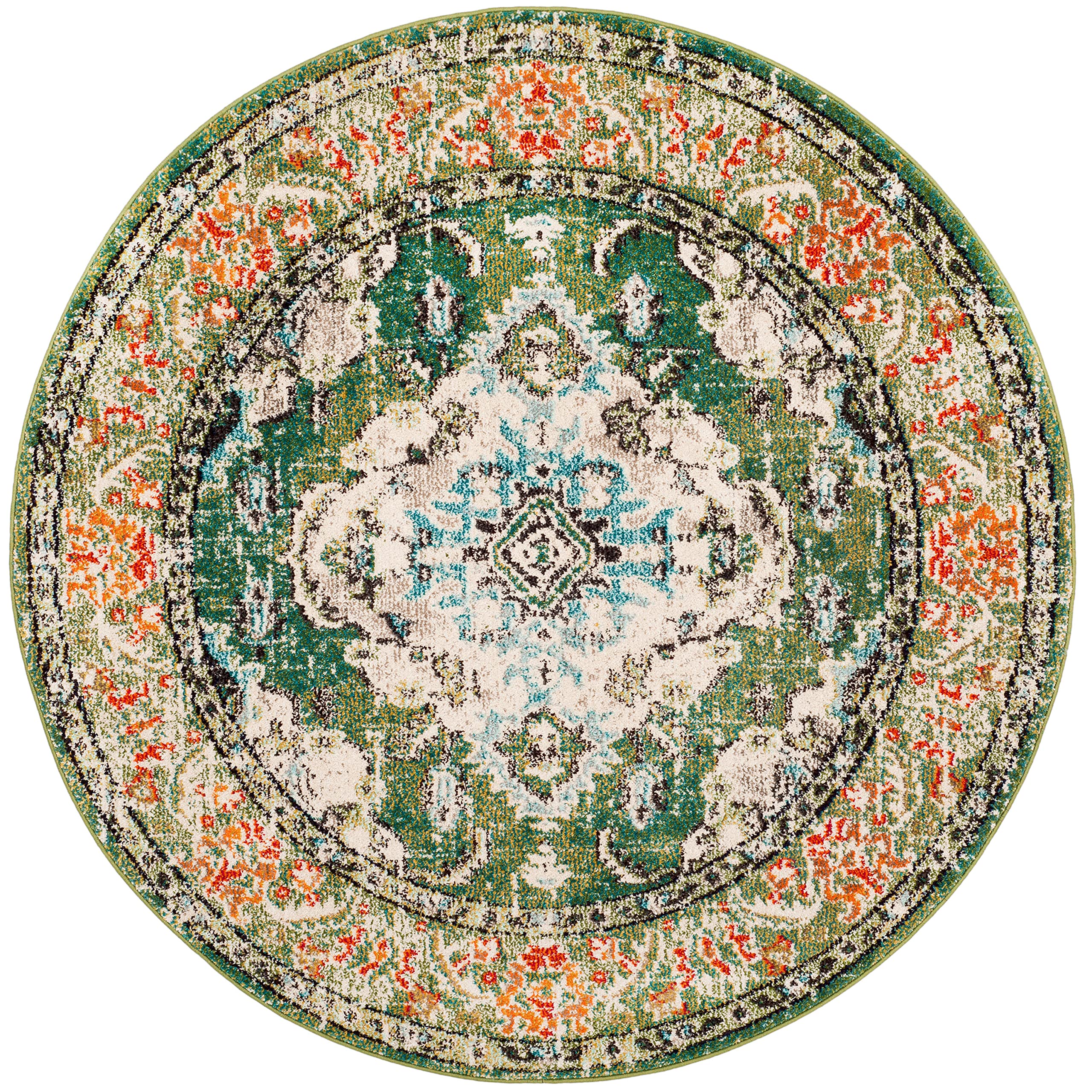 SAFAVIEH Monaco Collection Area Rug - 88 Round, Forest Green & Light Blue, Medallion Distressed Design, Non-Shedding & Easy Car