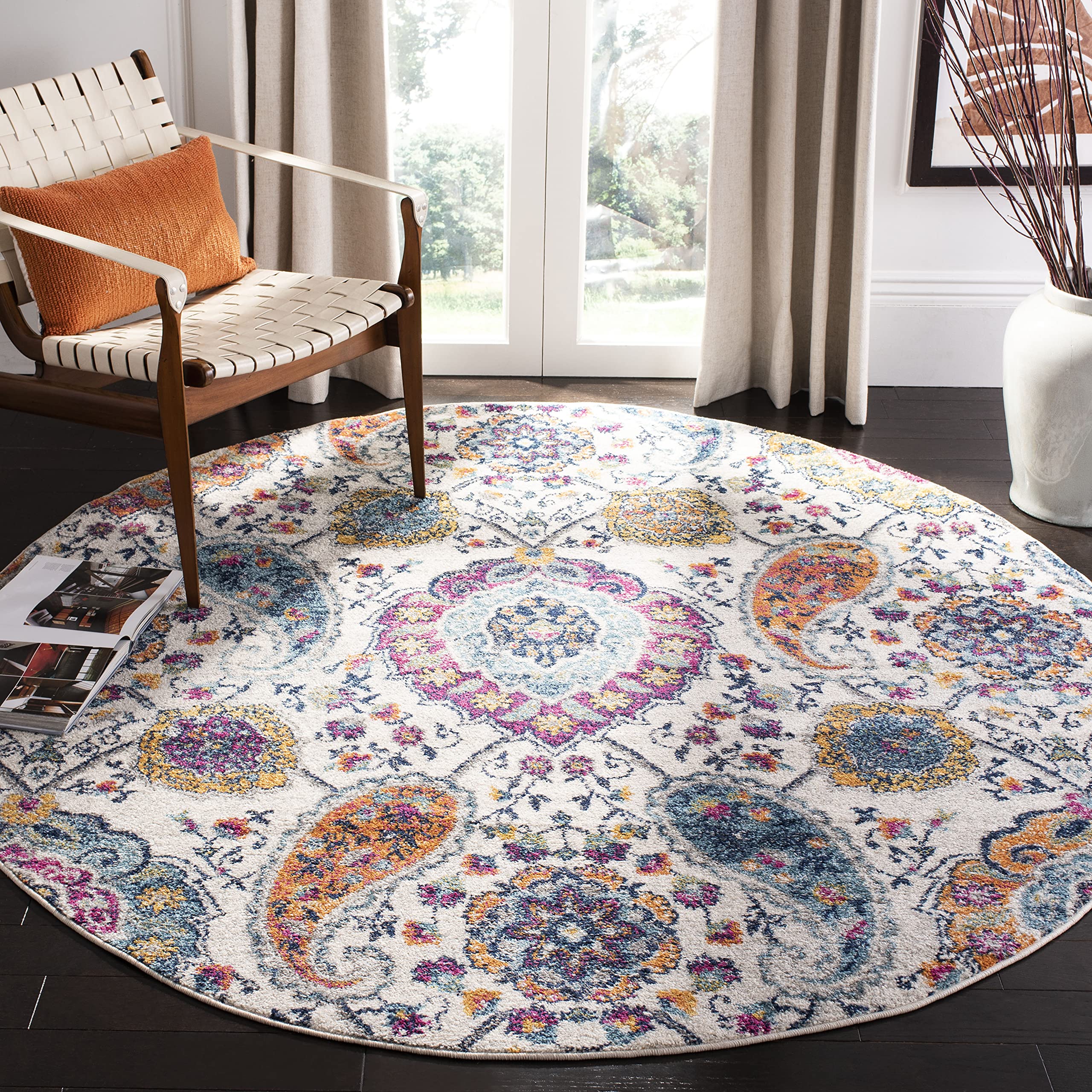 SAFAVIEH Madison Collection Area Rug - 53 Round, Cream & Multi, Boho Chic Glam Paisley Design, Non-Shedding & Easy Care, Ideal 