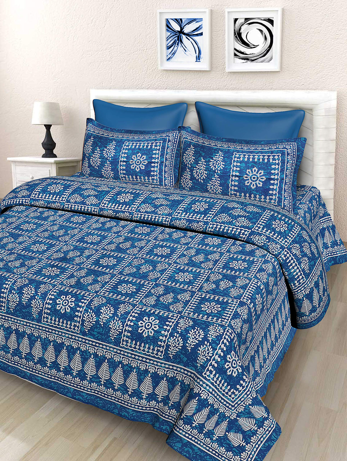 SheetKart Floral 144 TC Cotton Double Bedsheet with 2 Pillow Covers, Blue