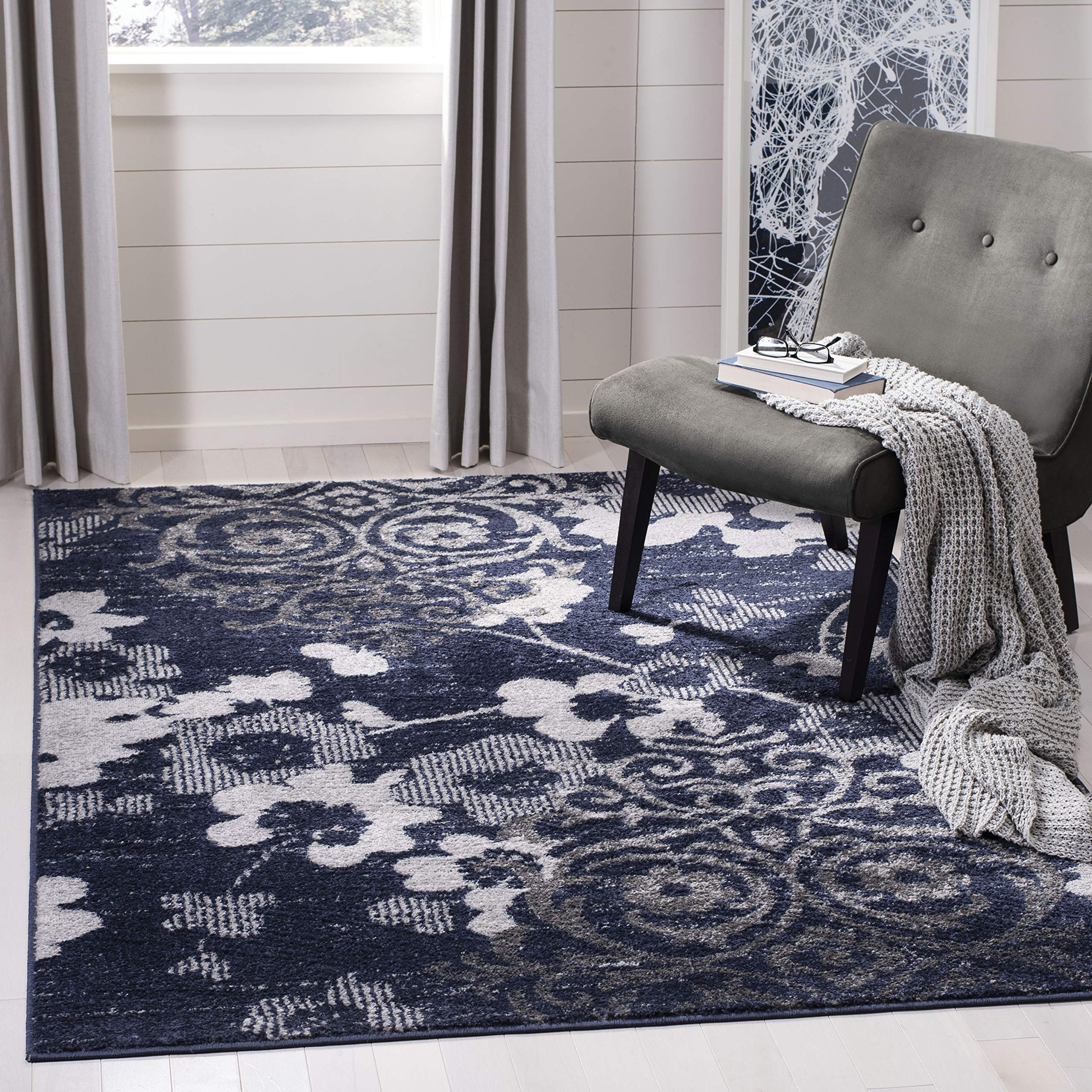 SAFAVIEH Adirondack Collection Area Rug - 51 x 76, Navy & Silver, Floral Glam Damask Distressed Design, Non-Shedding & Easy Ca