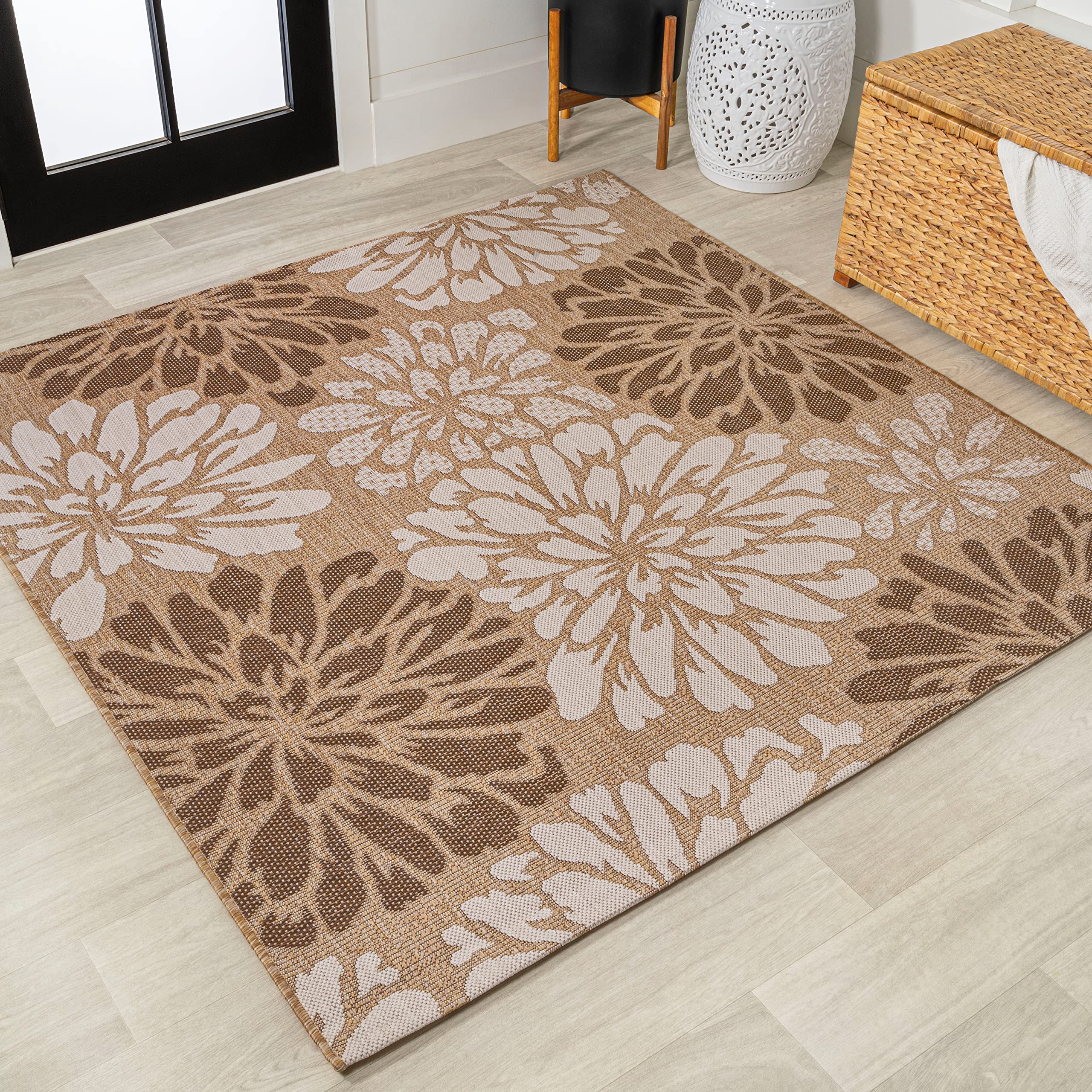 JONATHAN Y SMB110I-3SQ Zinnia Modern Floral Textured Weave Brown/Cream 3 Square Indoor/Outdoor Area Rug, Pet Friendly, Non-Shed