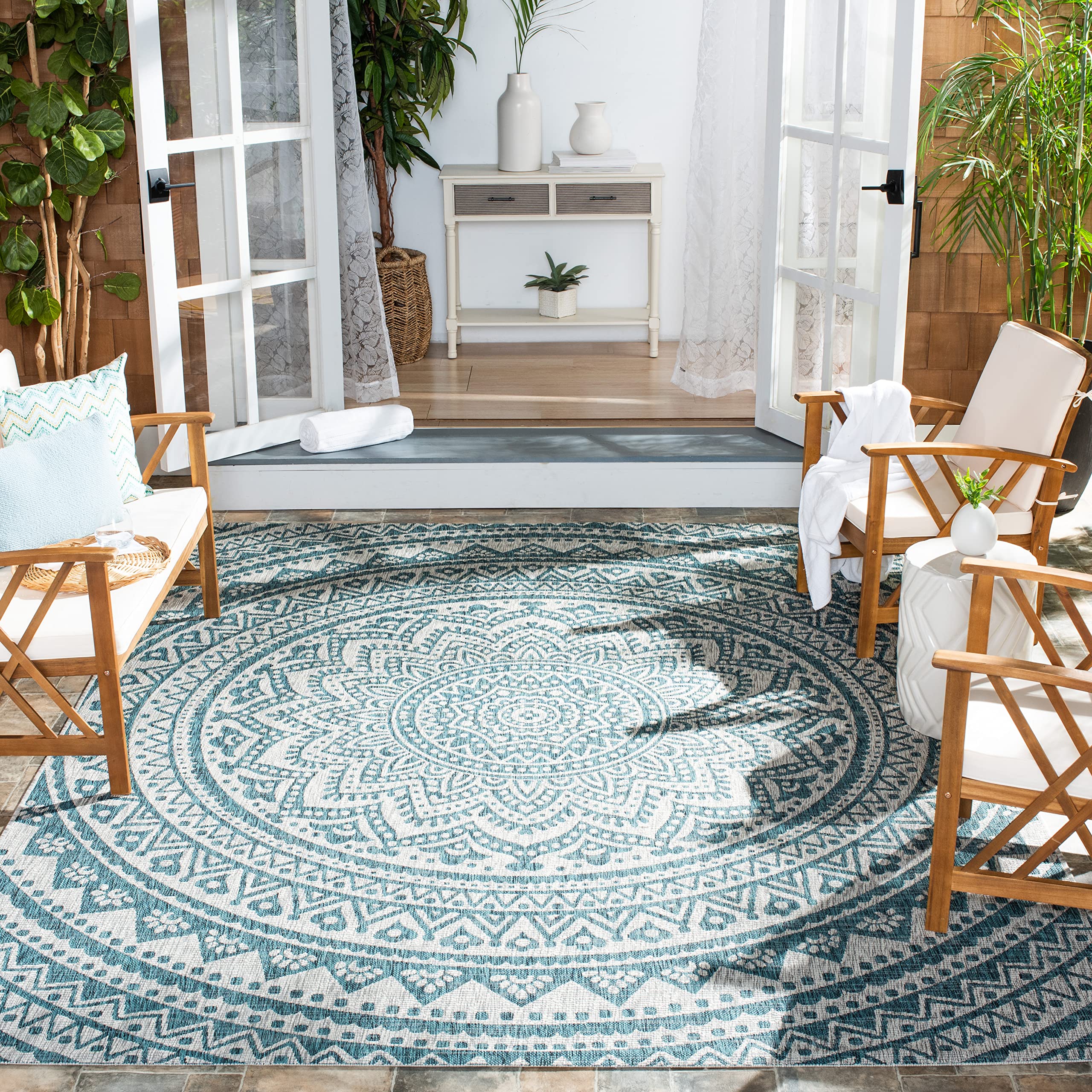 SAFAVIEH Courtyard Collection 8 x 10 Grey / Teal CY8734 Indoor-Outdoor Waterproof Easy-Cleaning Patio Backyard Mudroom Area-Ru