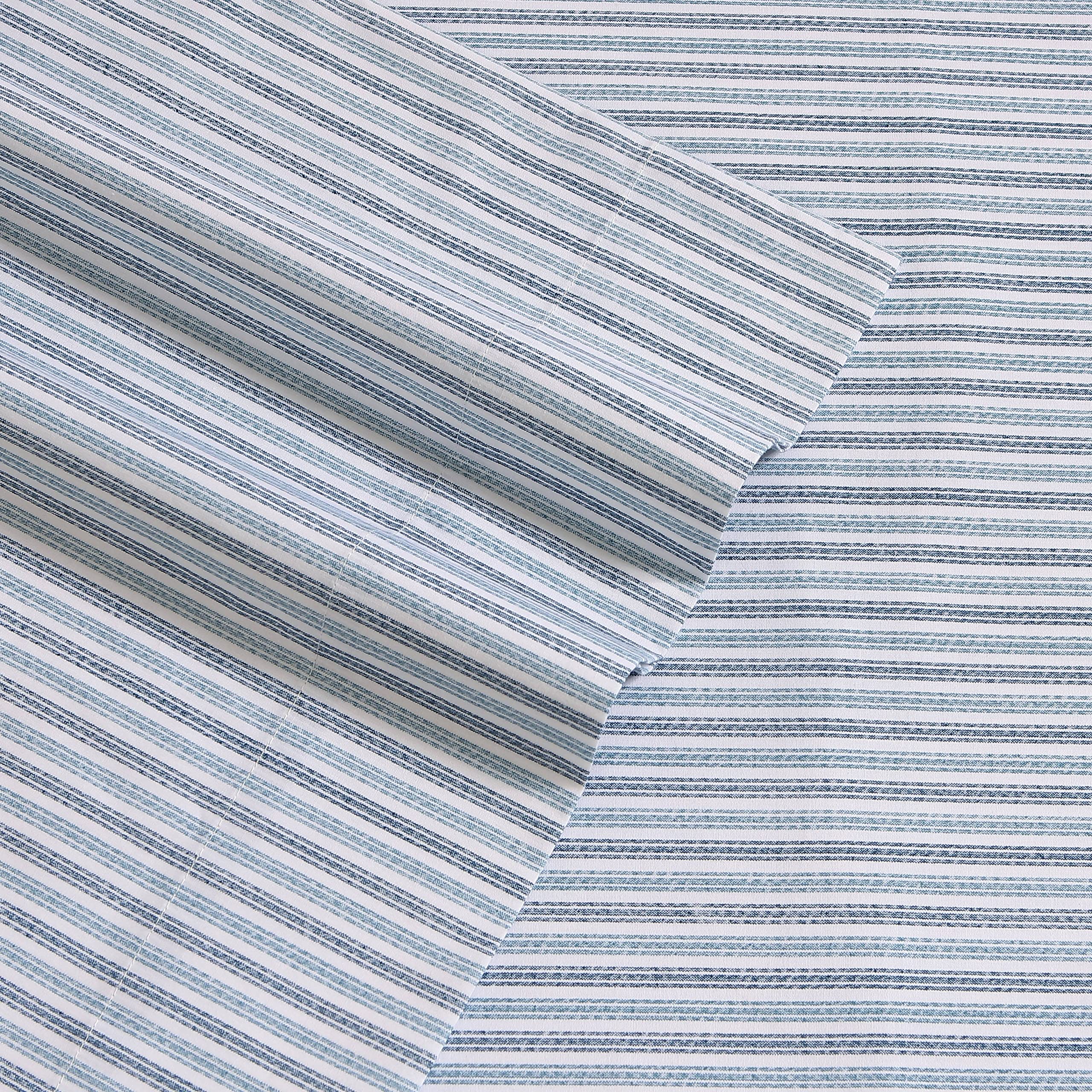Eddie Bauer Home Sheets Cotton Percale Bedding Set, Crisp & Cool, Stylish Home Decor, King, Ticking Stripe Blue/White