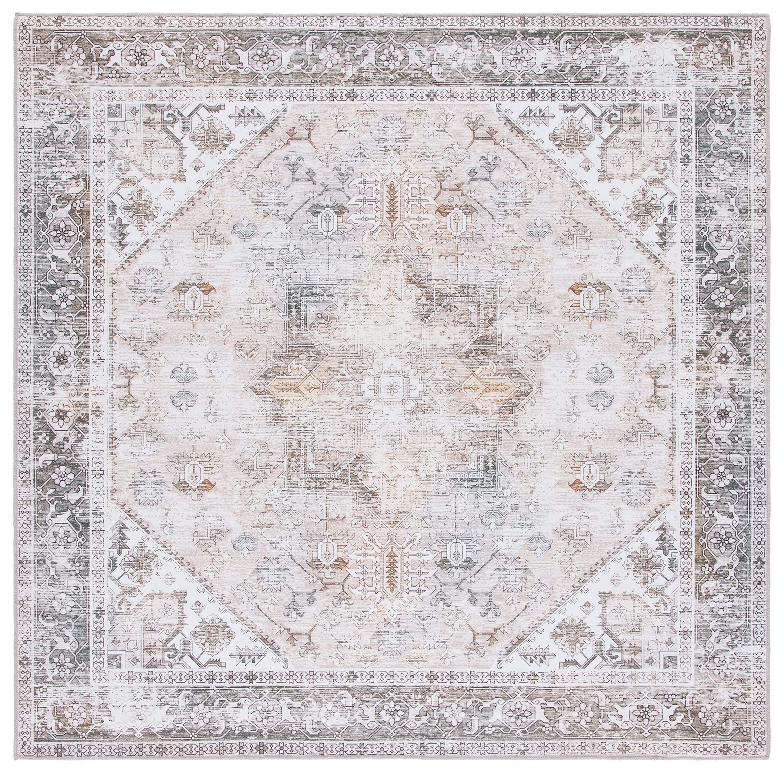 SAFAVIEH Tucson Collection Area Rug - 6 Square, Beige & Grey, Persian Medallion Design, Non-Shedding Machine Washable & Slip Re