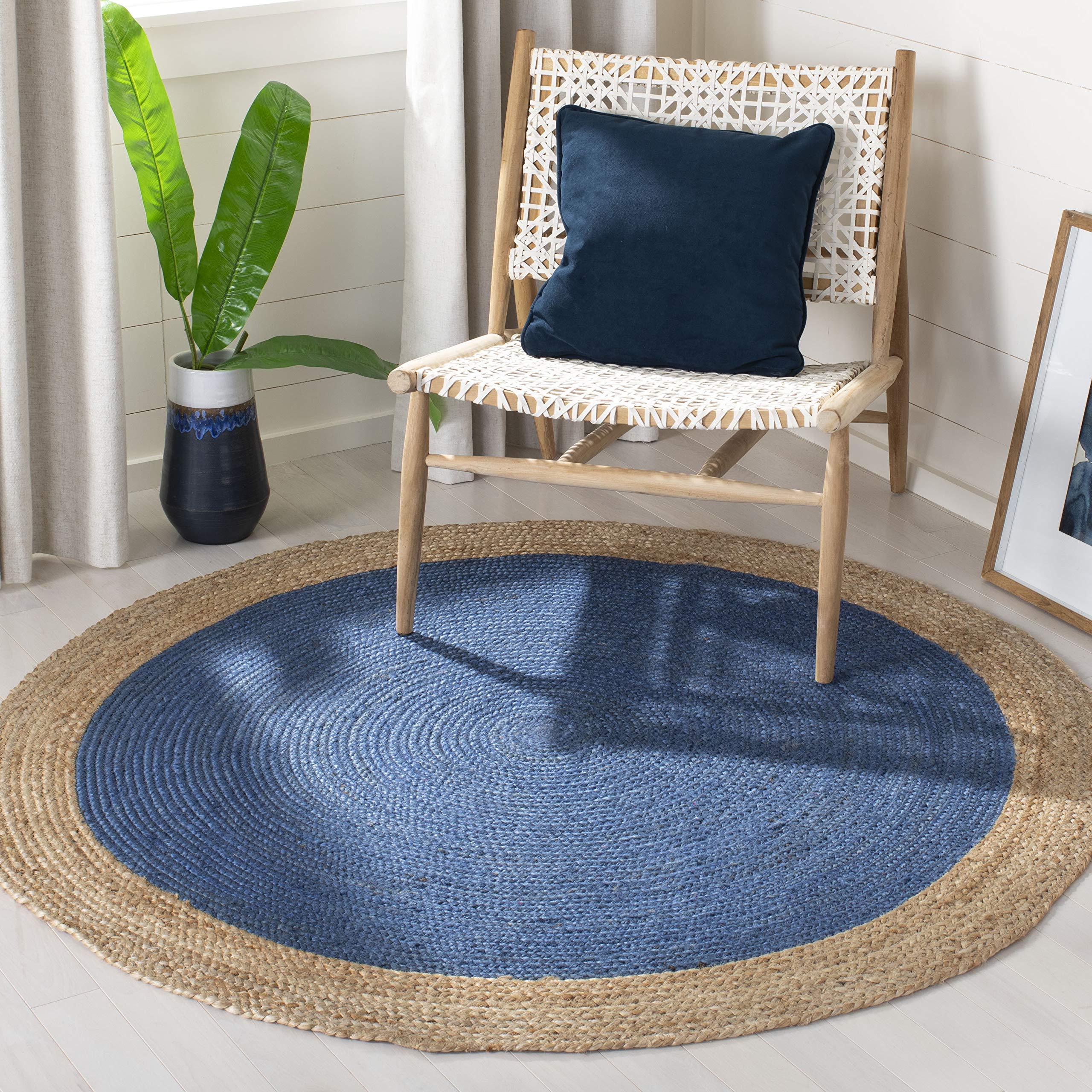 SAFAVIEH Natural Fiber Collection Area Rug - 7 Round, Royal Blue & Natural, Handmade Boho Braided Jute, Ideal for High Traffic 