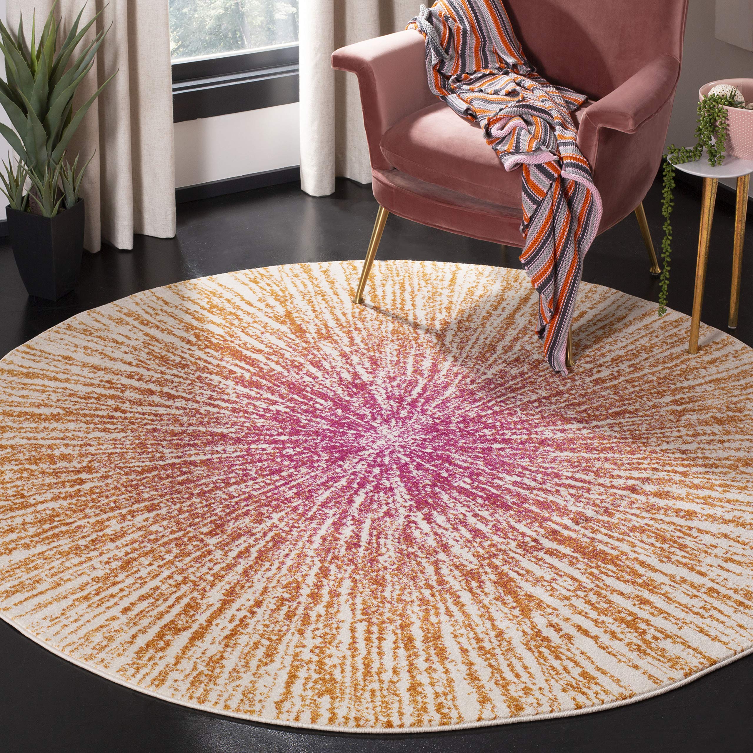 SAFAVIEH Evoke Collection 51 Round Fuchsia/Cream EVK228R Abstract Burst Non-Shedding Dining Room Entryway Foyer Living Room Bed
