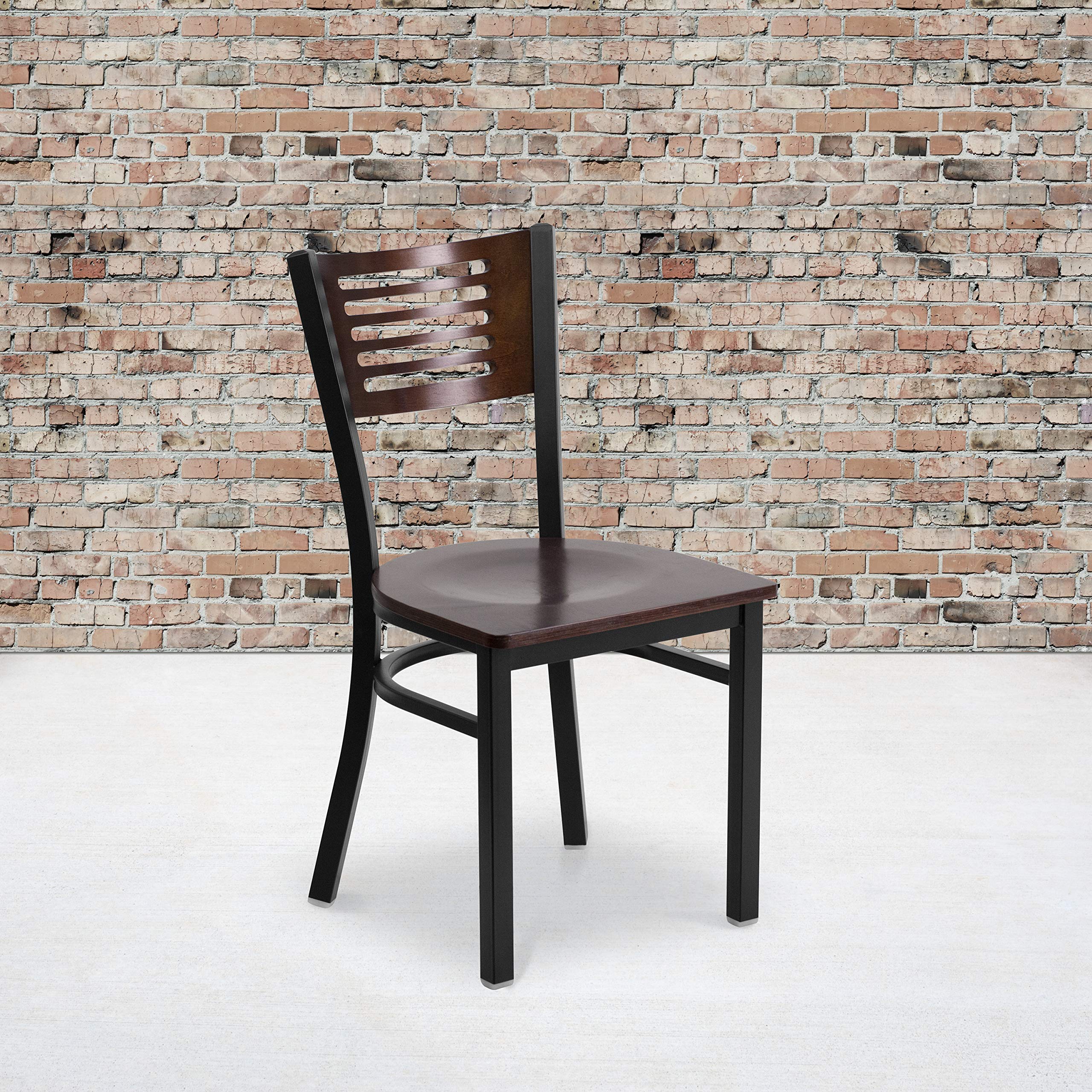 2 Pk. Slat Back Metal Chair - Walnut Wood Back & Seat