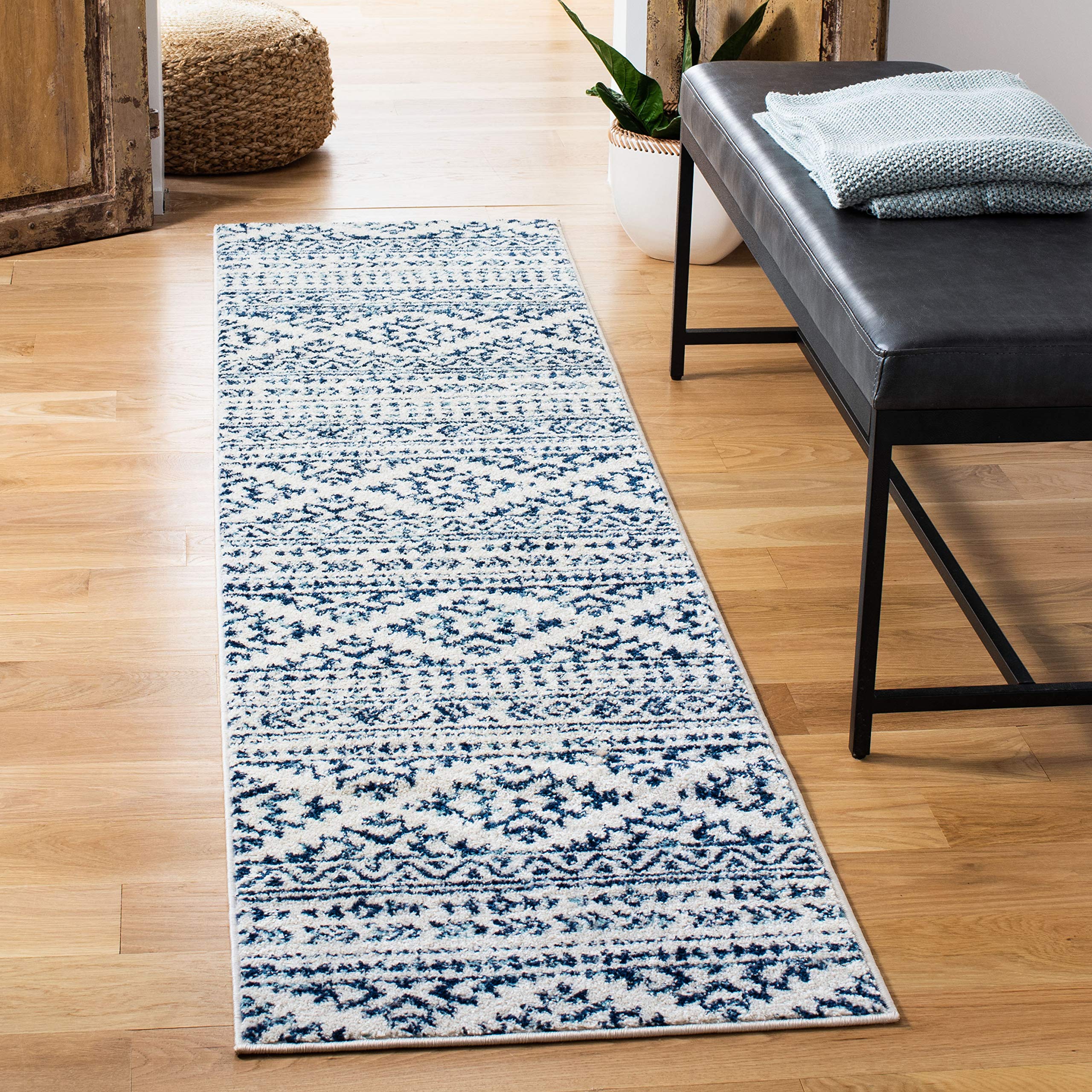 SAFAVIEH Tulum Collection Runner Rug - 2 x 21, Ivory & Navy, Moroccan Boho Tribal Design, Non-Shedding & Easy Care, Ideal for 