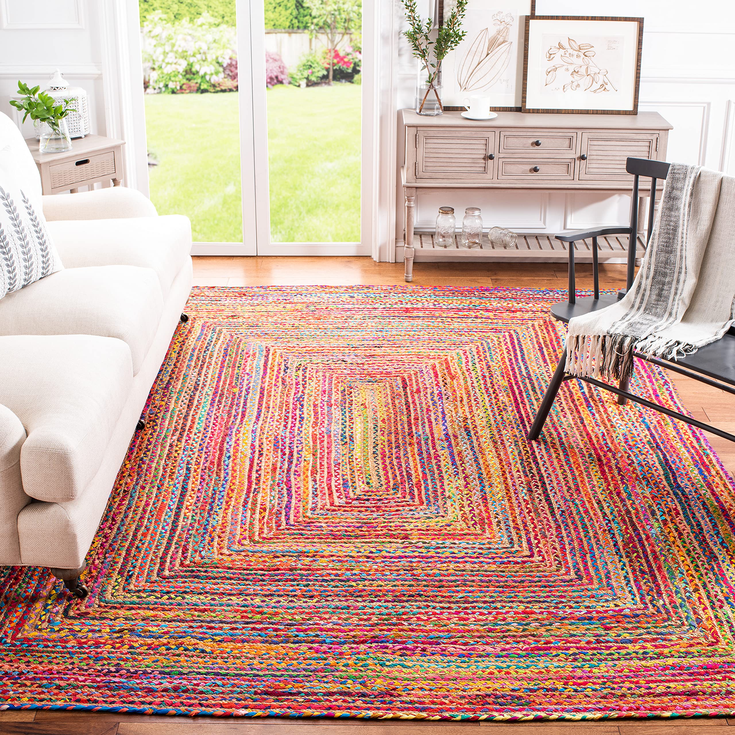 SAFAVIEH Cape Cod Collection Area Rug - 6 x 9, Red & Multi, Handmade Boho Braided Jute & Cotton, Ideal for High Traffic Areas 