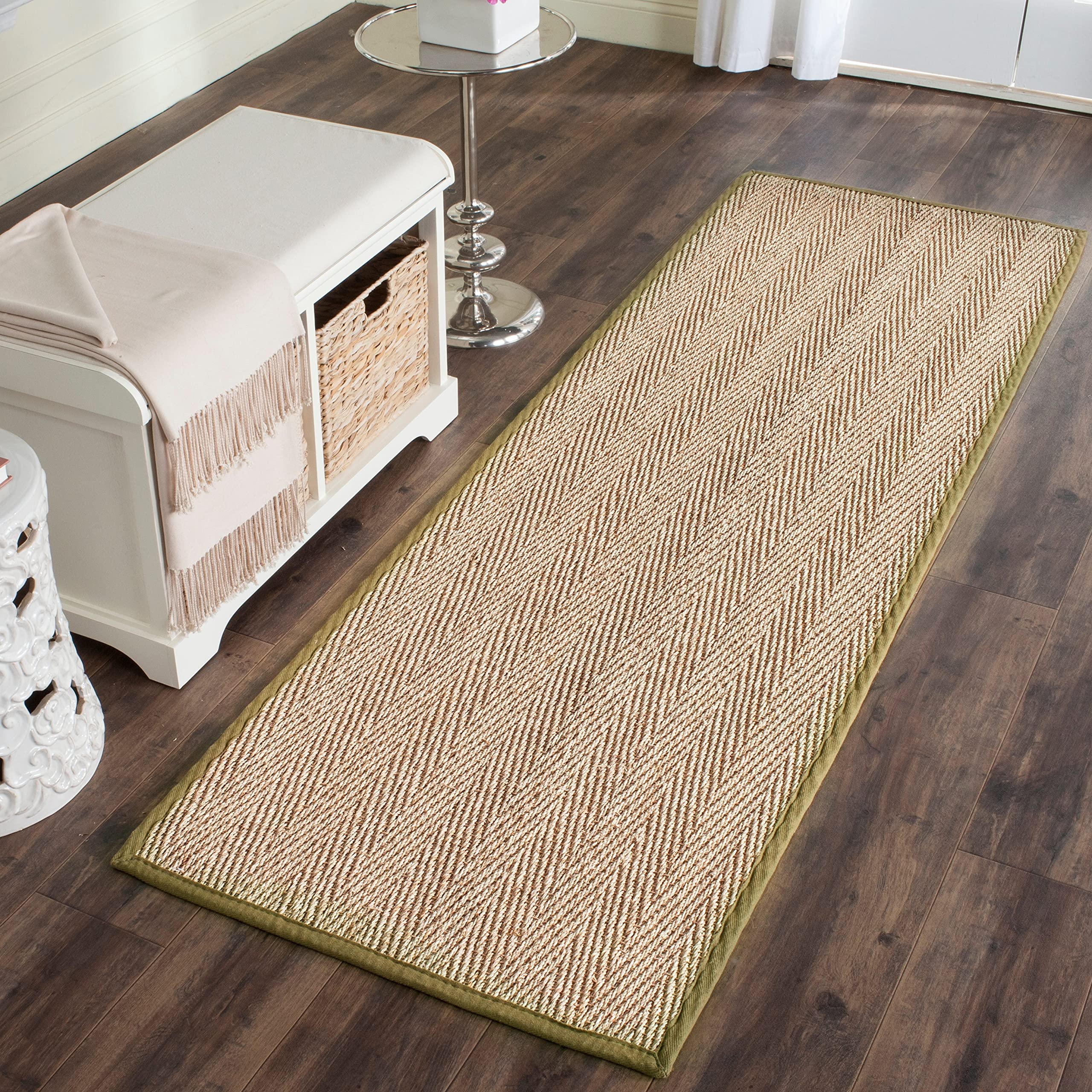 Safavieh Natural Fiber Collection Runner Rug - 26 x 8, Natural & Olive, Border Herringbone Seagrass Design, Easy Care, Ideal f