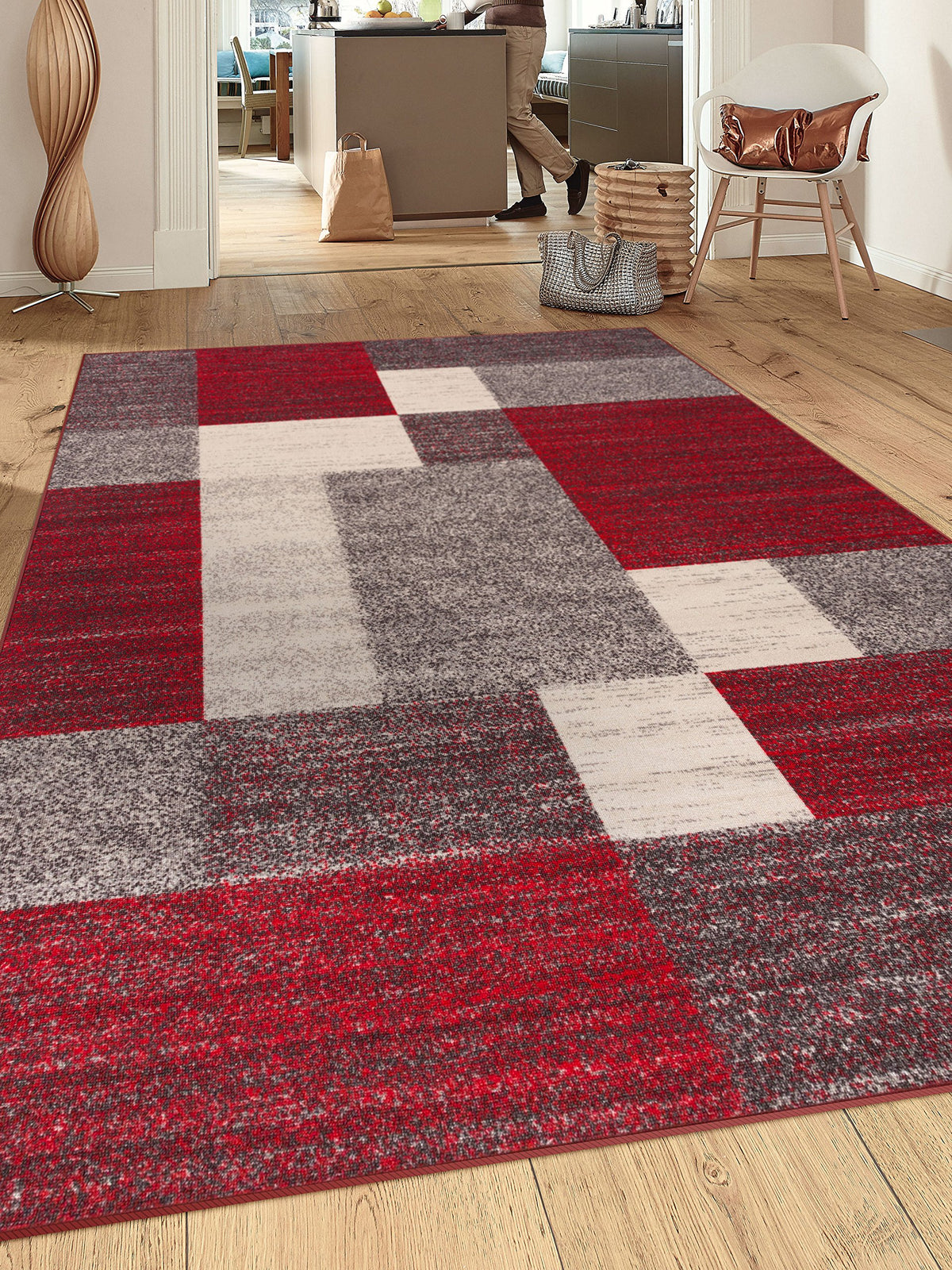 Modern Boxes Design Non-Slip (Non-Skid) Area Rug 5 X 7 (5 3 X 7 3) Red