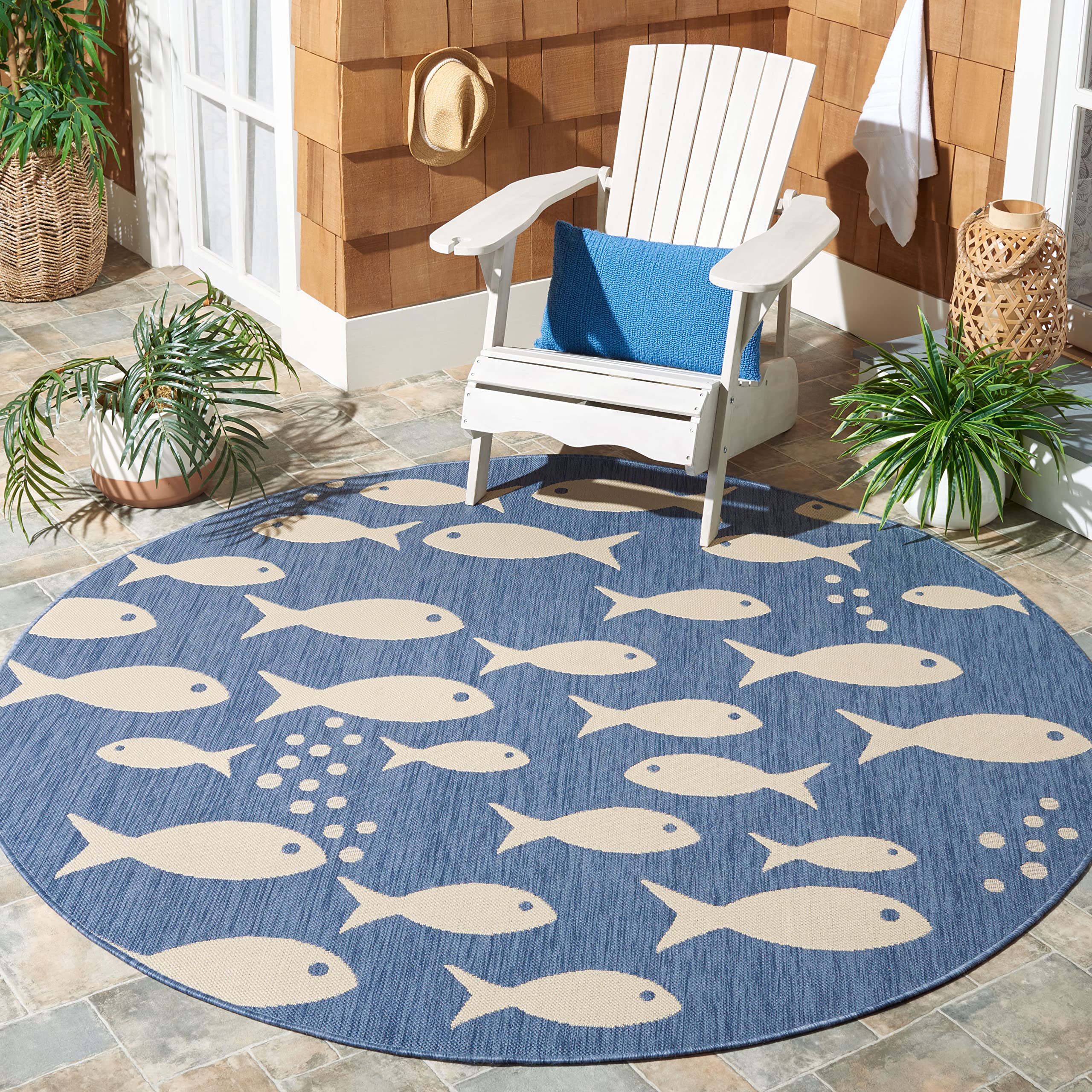 Safavieh Courtyard Collection 7'1' Round Blue/Beige Cy6012 Indoor/ Outdoor Waterproof Easy Cleaning Patio Backyard Mudroom Area