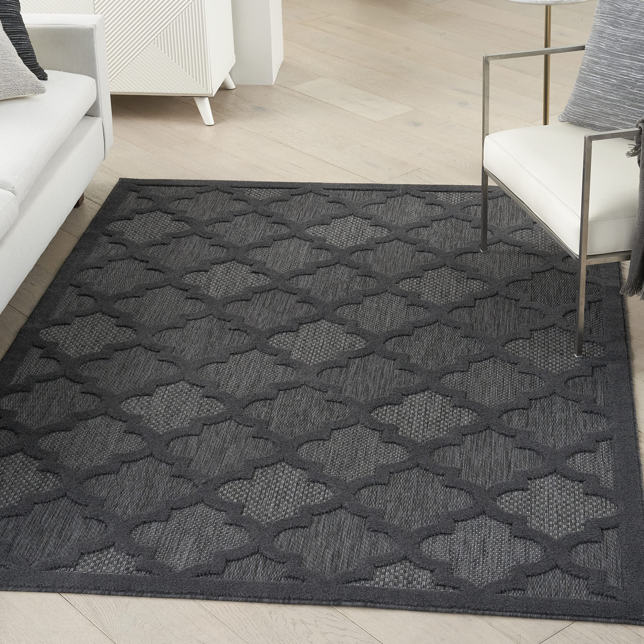 Nourison Easy Care Moroccan Charcoal/Black 6' X 9' Area Rug, Trellis, Easy Cleaning, Non Shedding, Bed Room, Living Room, Dining Room, Backyard, Deck, Patio (6X9)