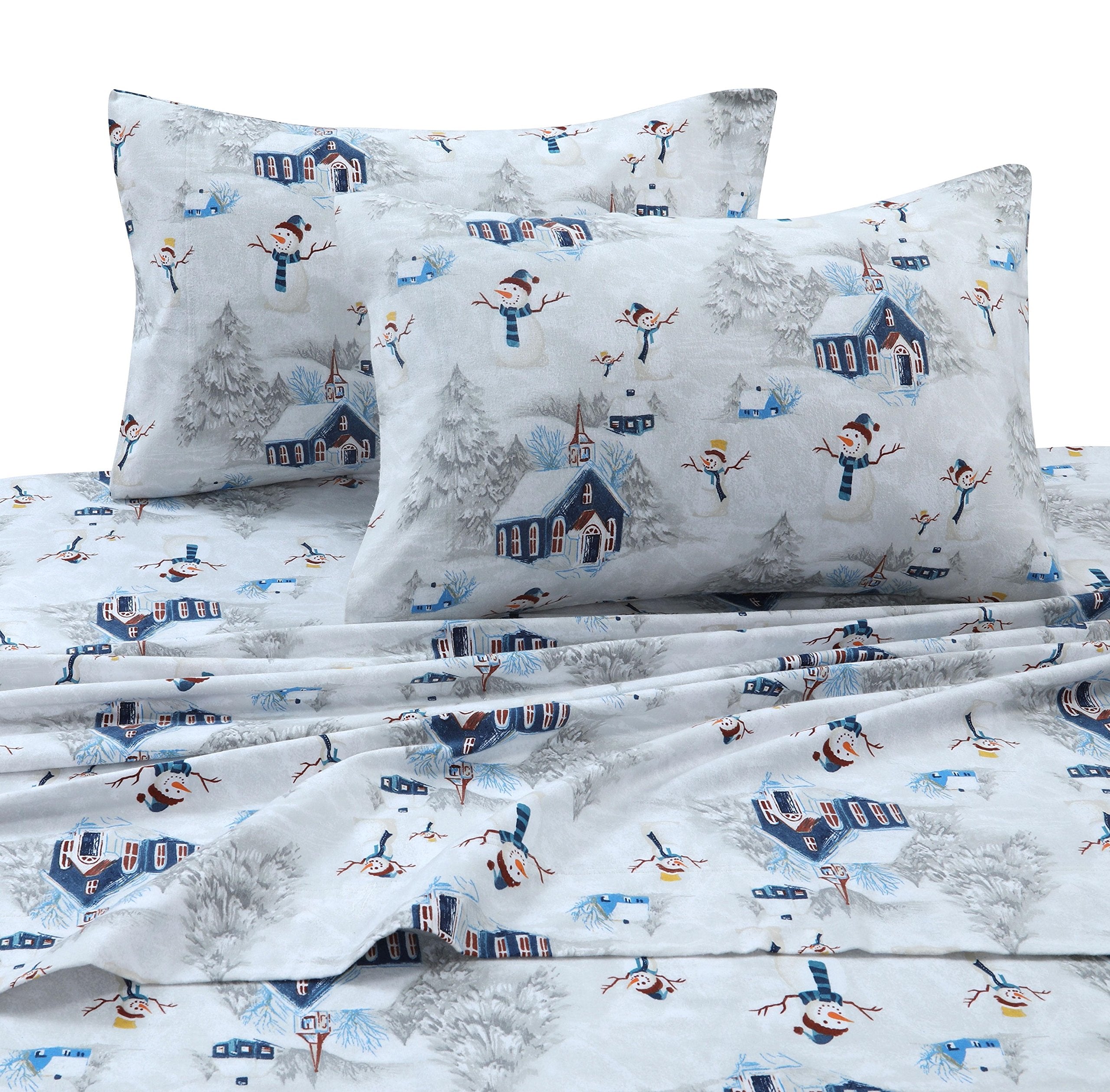 Tribeca Living Snmansheetfunr Snowman Navy/Red Printed Flannel Deep Pocket Sheet Set, Full