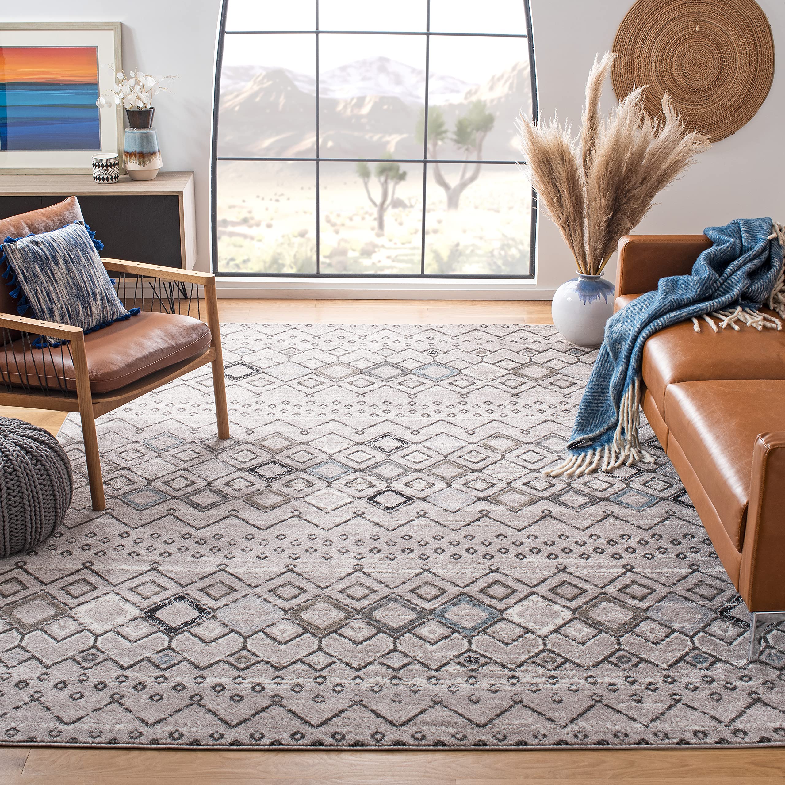 SAFAVIEH Amsterdam Collection 11 Square Light Grey / Brown AMS108F Moroccan Boho Non-Shedding Living Room Bedroom Dining Home O