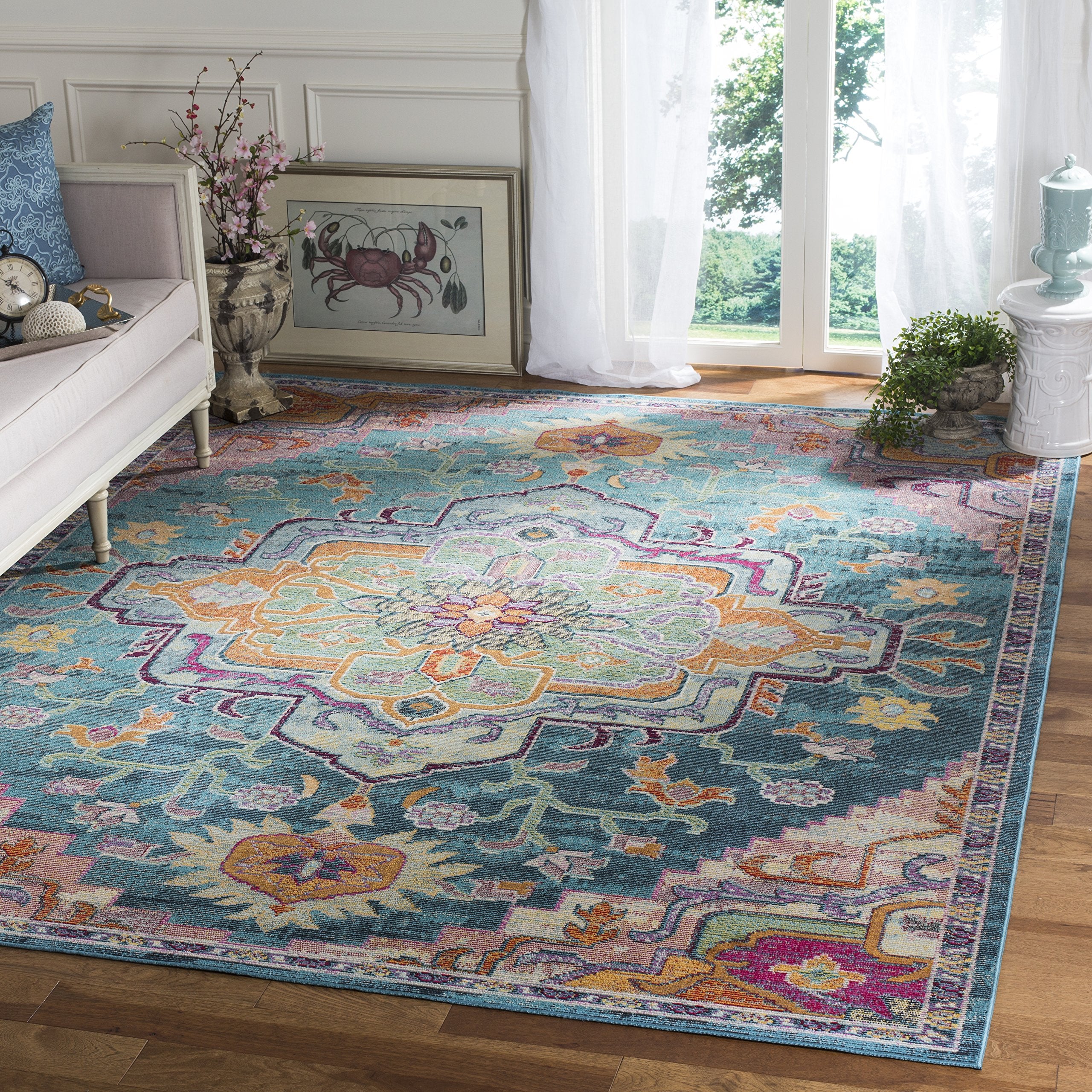 SAFAVIEH Crystal Collection X-Large Area Rug - 11 x 16, Teal & Rose, Medallion Distressed Design, Non-Shedding & Easy Care, Id