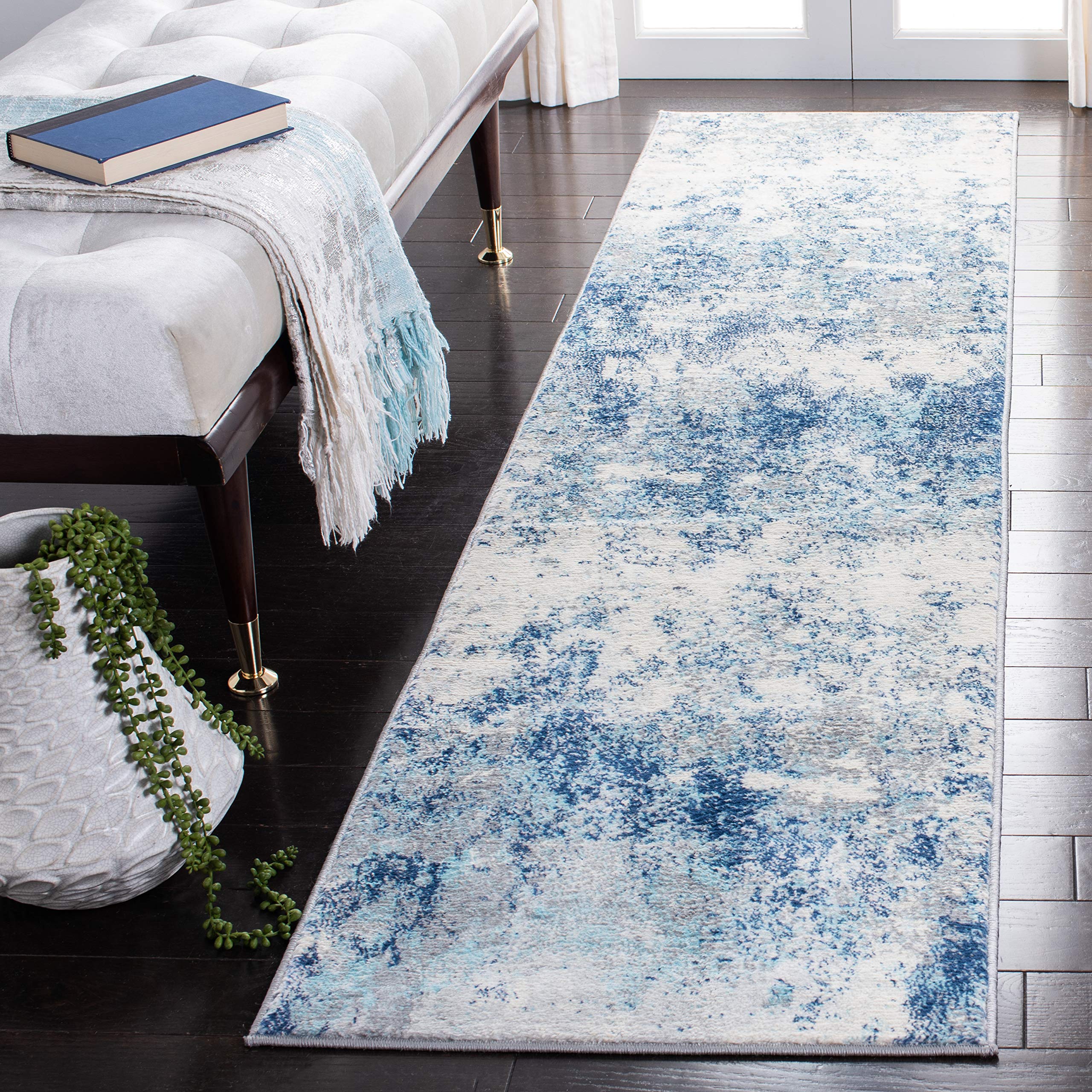 SAFAVIEH Brentwood Collection Runner Rug - 2 x 10, Ivory & Navy, Modern Abstract Design, Non-Shedding & Easy Care, Ideal for H