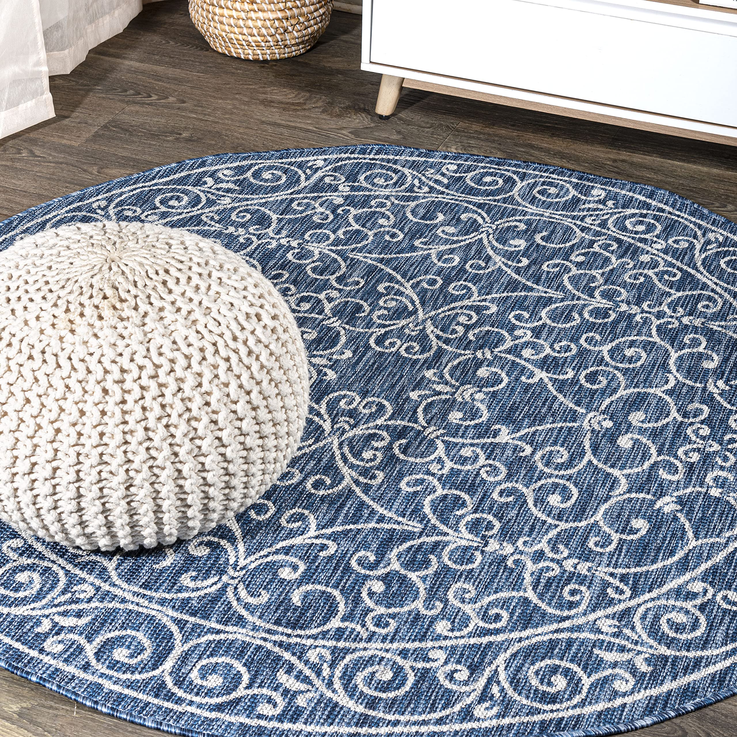 JONATHAN Y SMB106D-8R Charleston Vintage Filigree Textured Weave Navy/Gray 8 Round Indoor/Outdoor Area Rug, Pet Friendly, Non-S