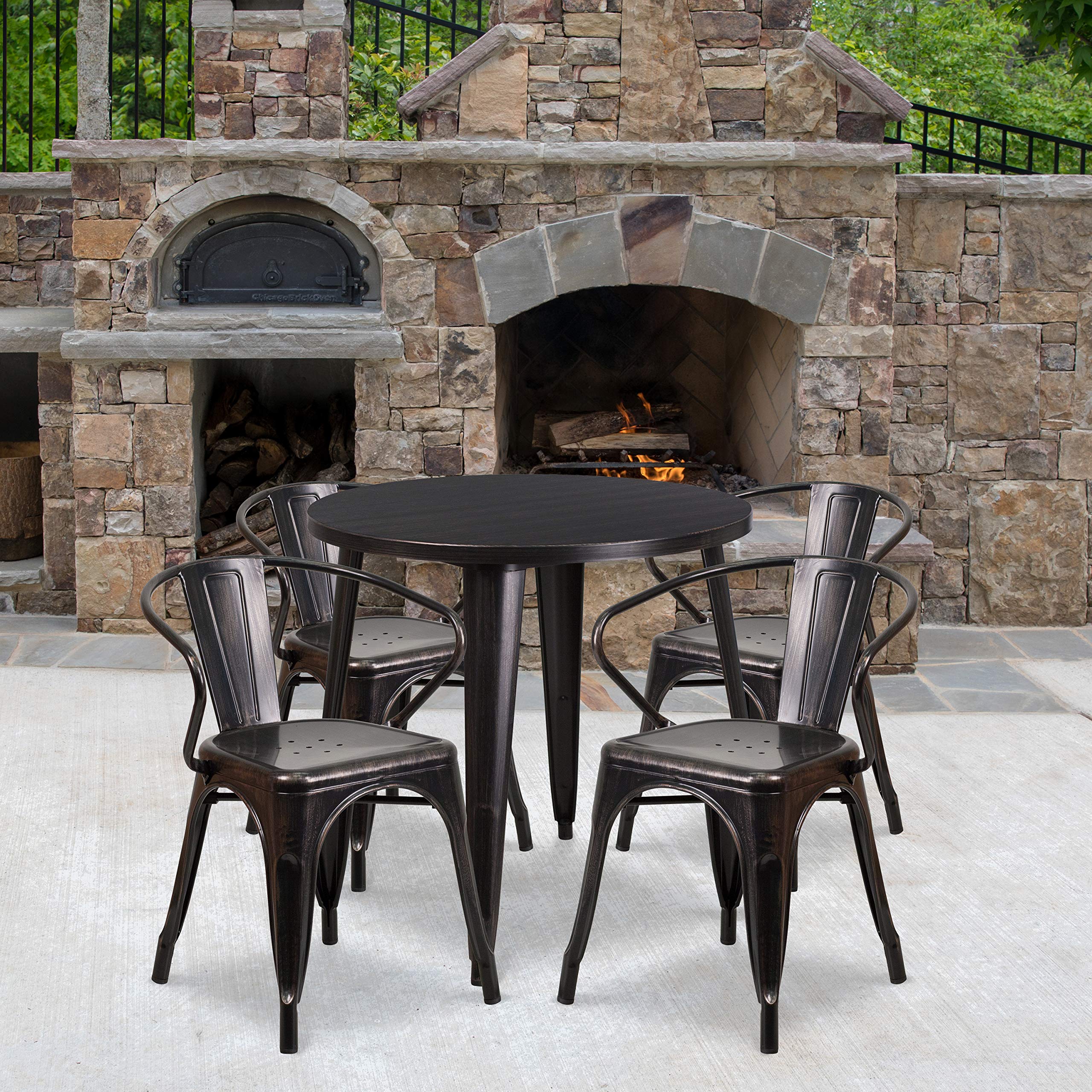 Flash Furniture Commercial Grade 30 Round Black-Antique Gold Metal Indoor-Outdoor Table Set with 4 Arm Chairs